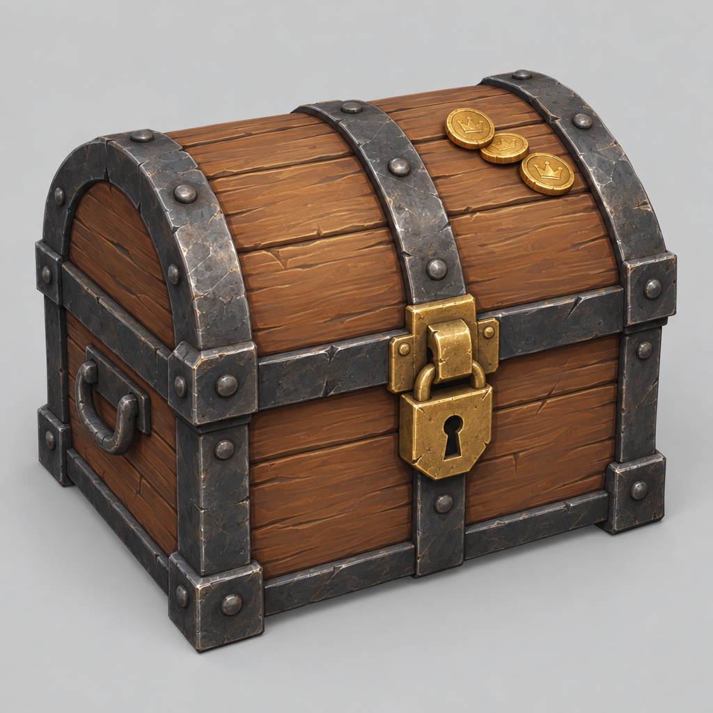 GPT Image 2.5: a rounded treasure chest with riveted iron bands, a gold lock and a side handle
