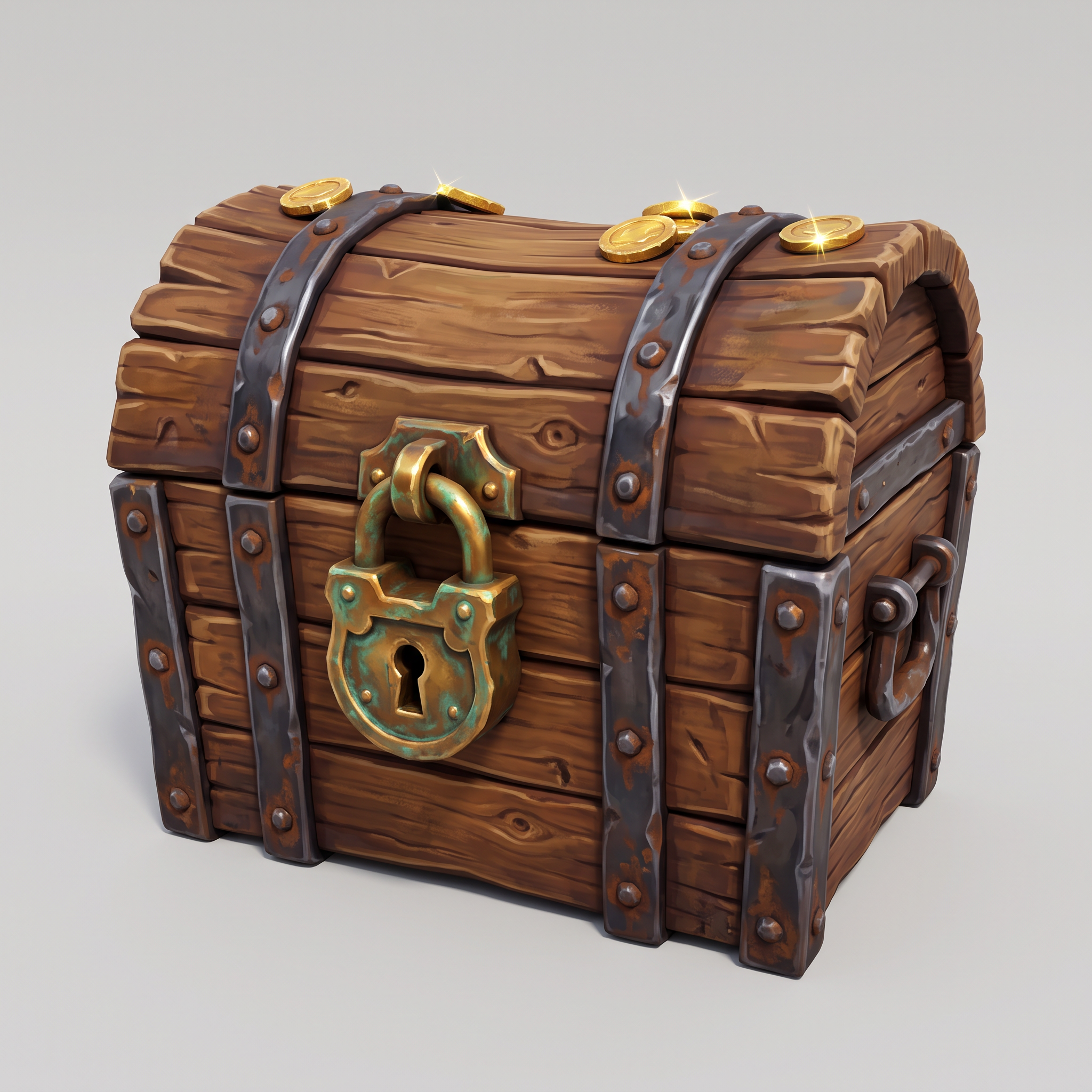 Nano Banana 2.1: a chunky hand painted chest with rough planks and a weathered brass padlock