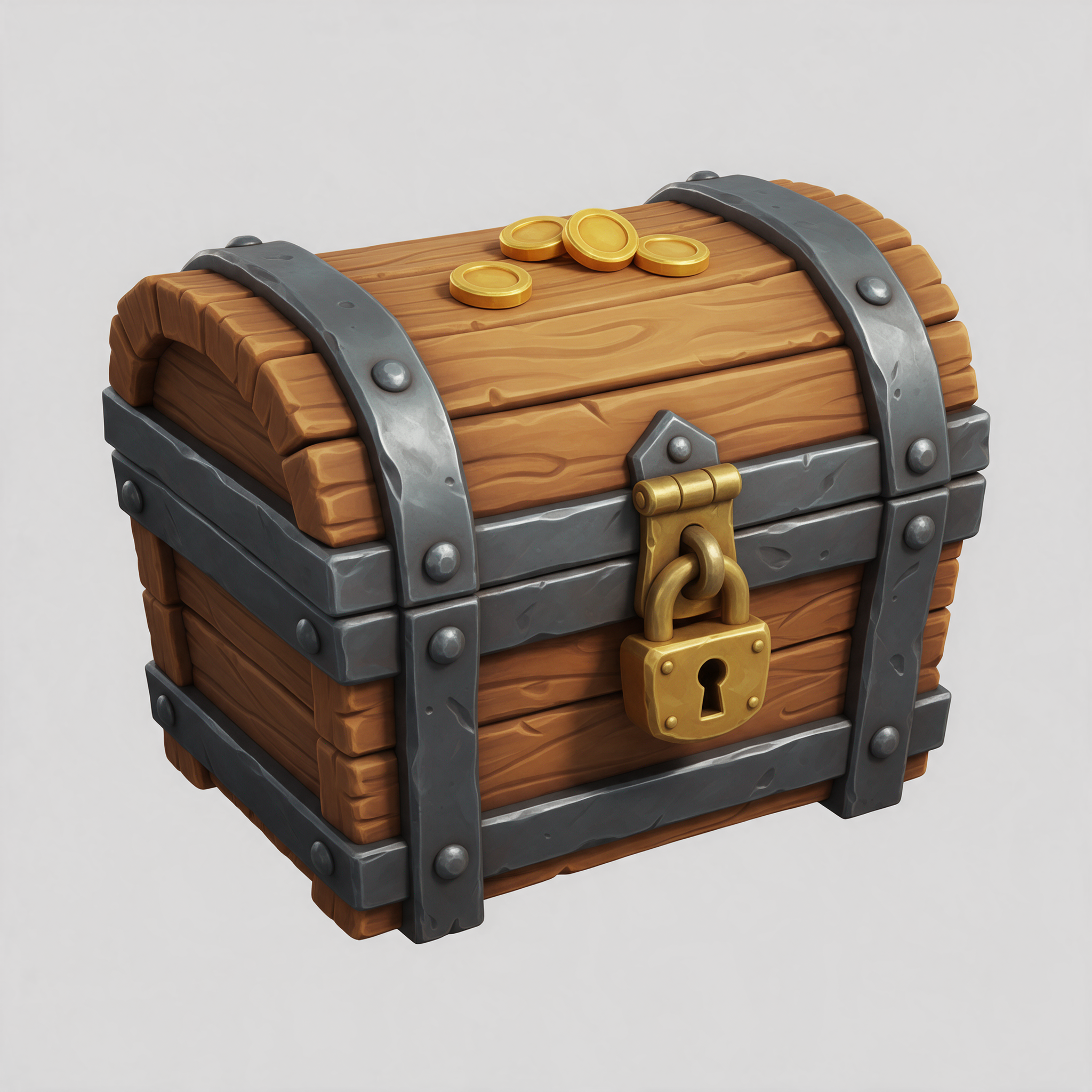 Seedream 5: a boxy chest with grey iron bands, a gold padlock and three coins on top