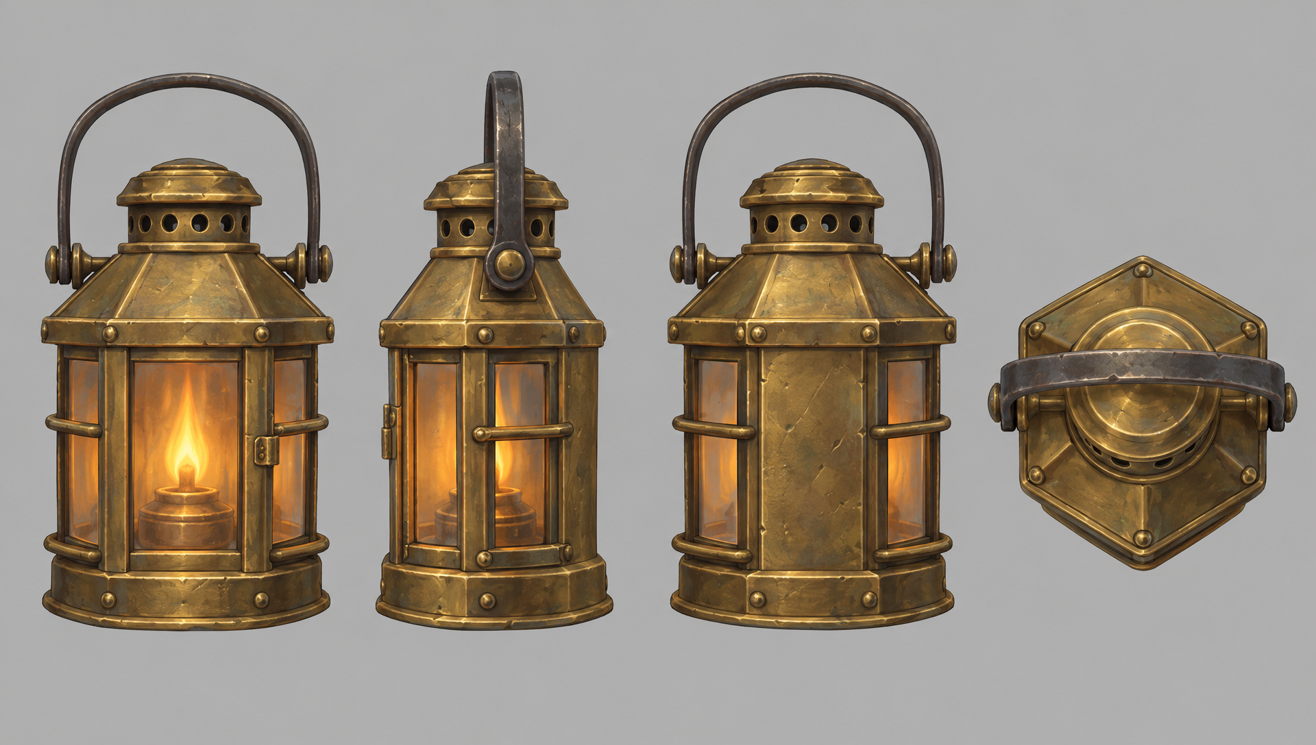 A brass ship lantern prop shown from the front, side, back and above on a grey background