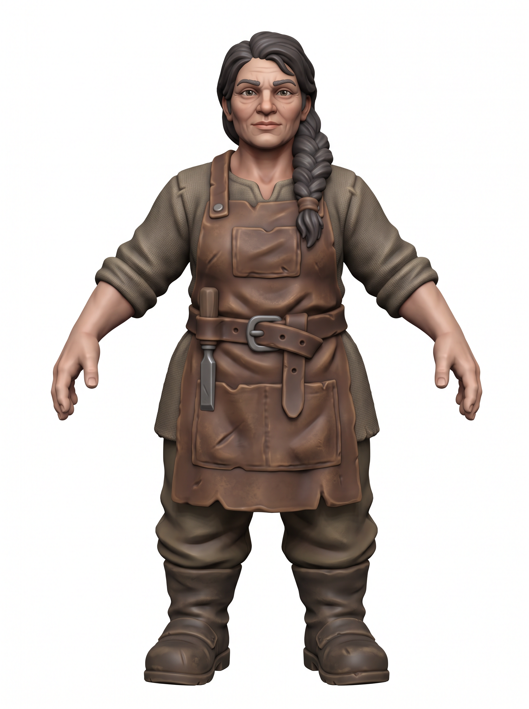 A stylized figurine of a stonemason in her forties with a dark braid, leather apron and chisel, standing in an A-pose