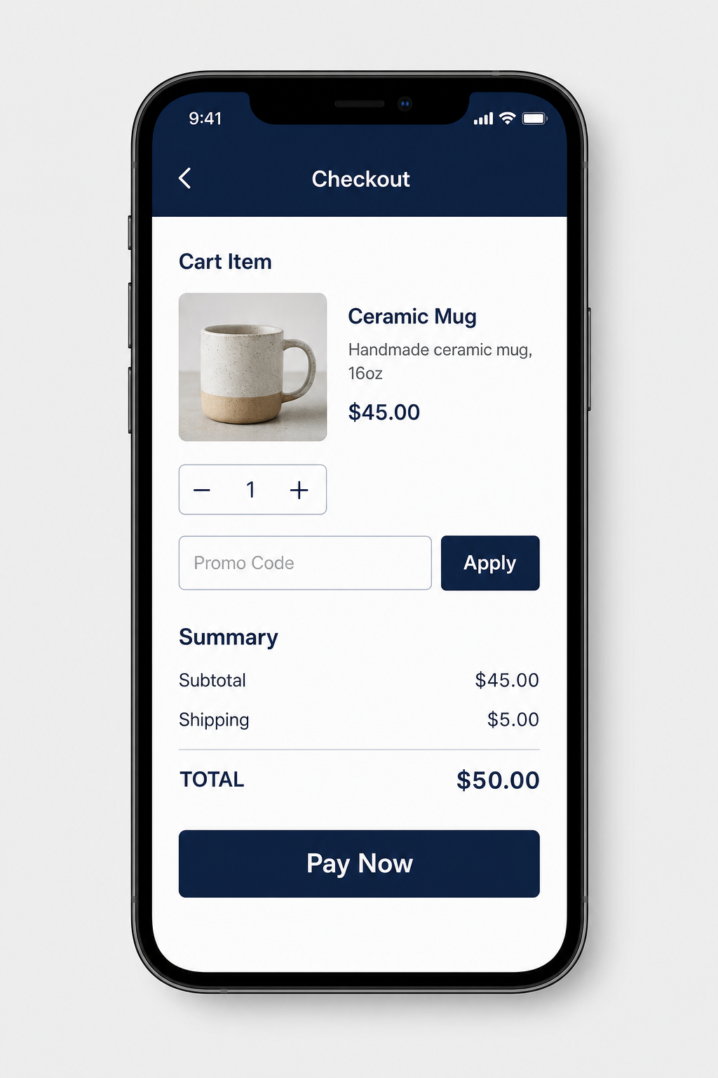 The checkout wireframe rebuilt as a polished navy and white phone screen with a mug in the cart