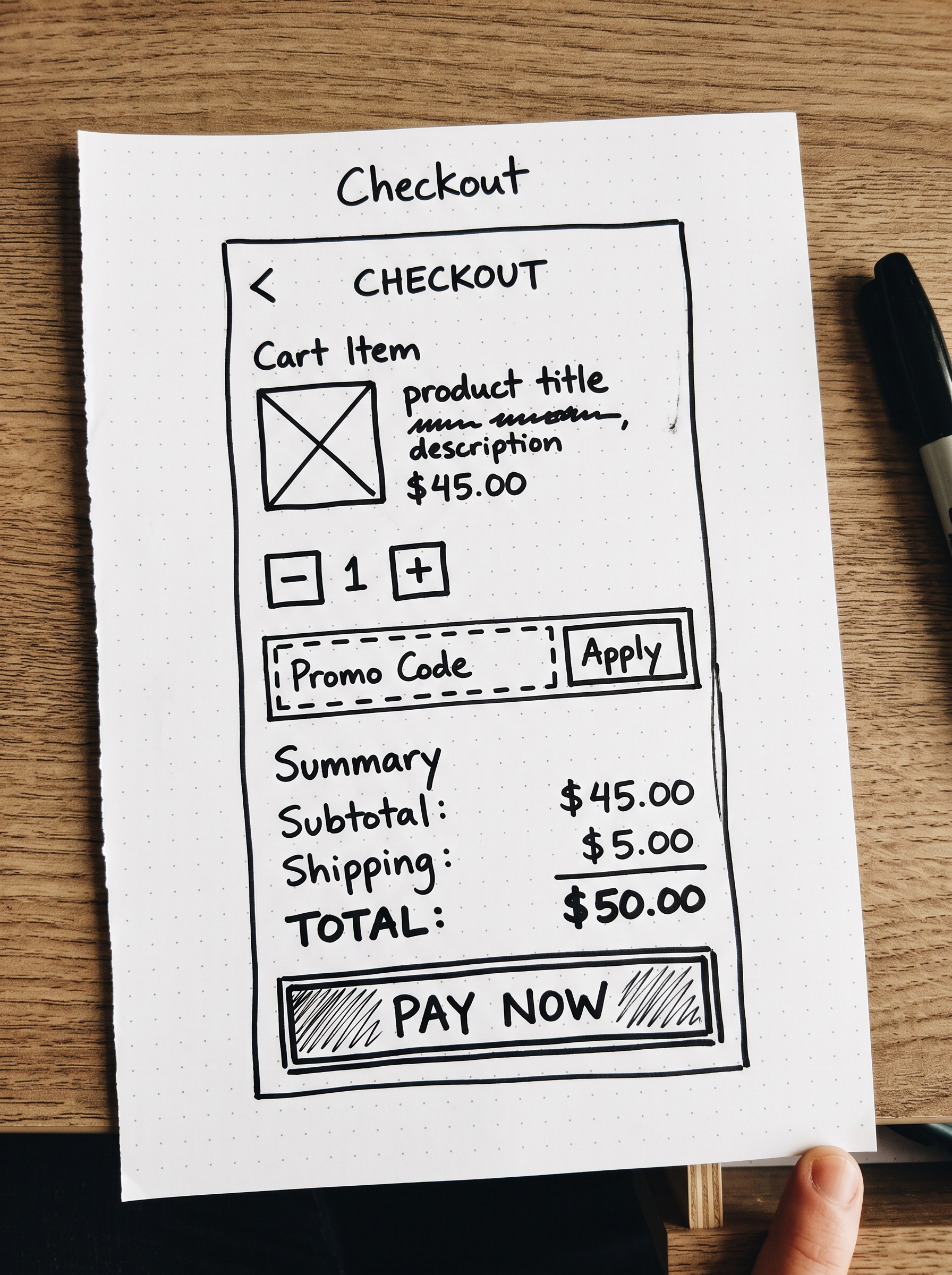 A marker wireframe of a checkout screen on dot grid paper with a cart item, promo code box, totals and a Pay Now button
