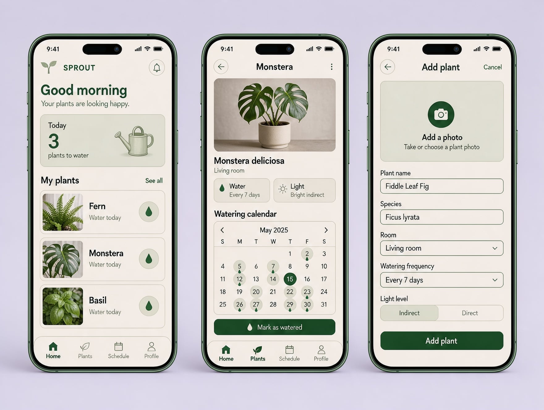 FLUX 3 Image: three phone screens with a 3 plants to water card, a May watering calendar and an Add plant form