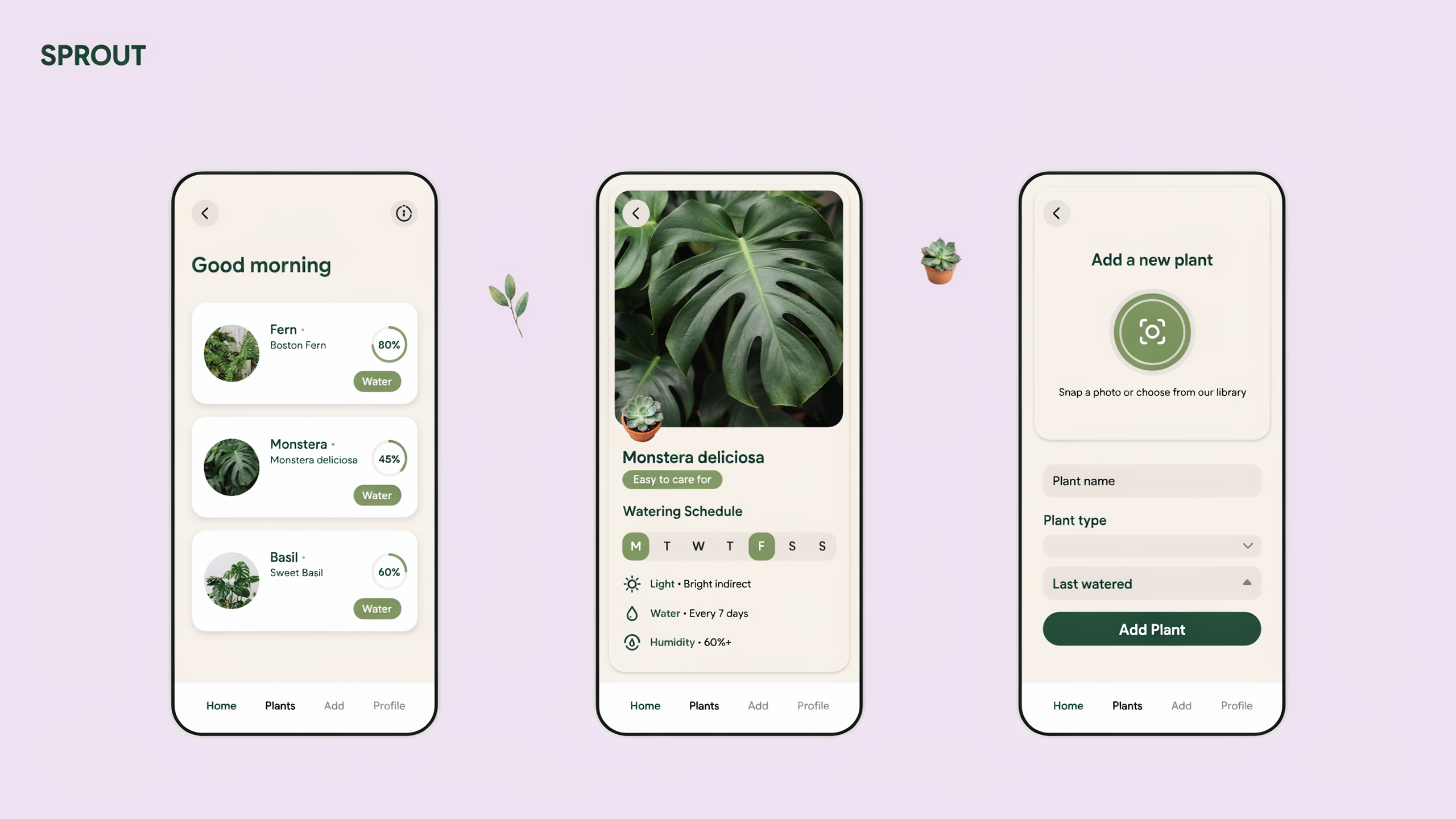 Ideogram 4.5: three flat phone screens with plant cards, a weekday watering schedule and an add plant form