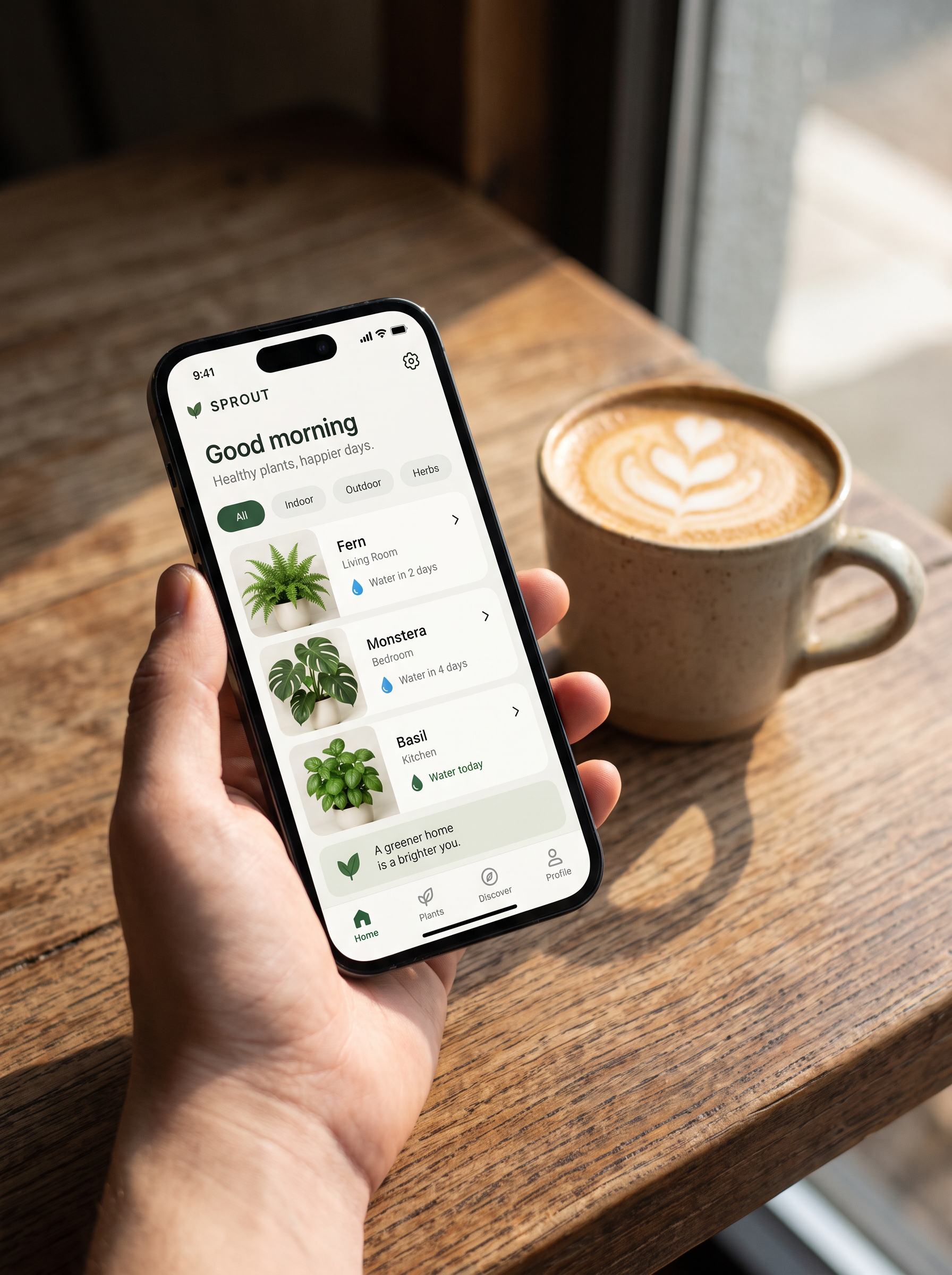 The SPROUT home dashboard shown on a phone held over a cafe table beside a latte