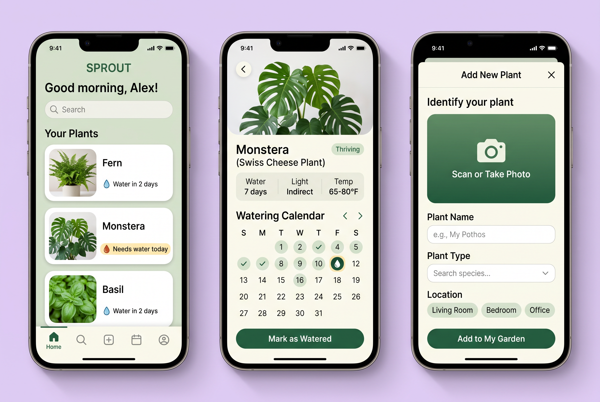 Nano Banana 2.1: three phone screens with Good morning, Alex, a watering calendar and an Add New Plant form