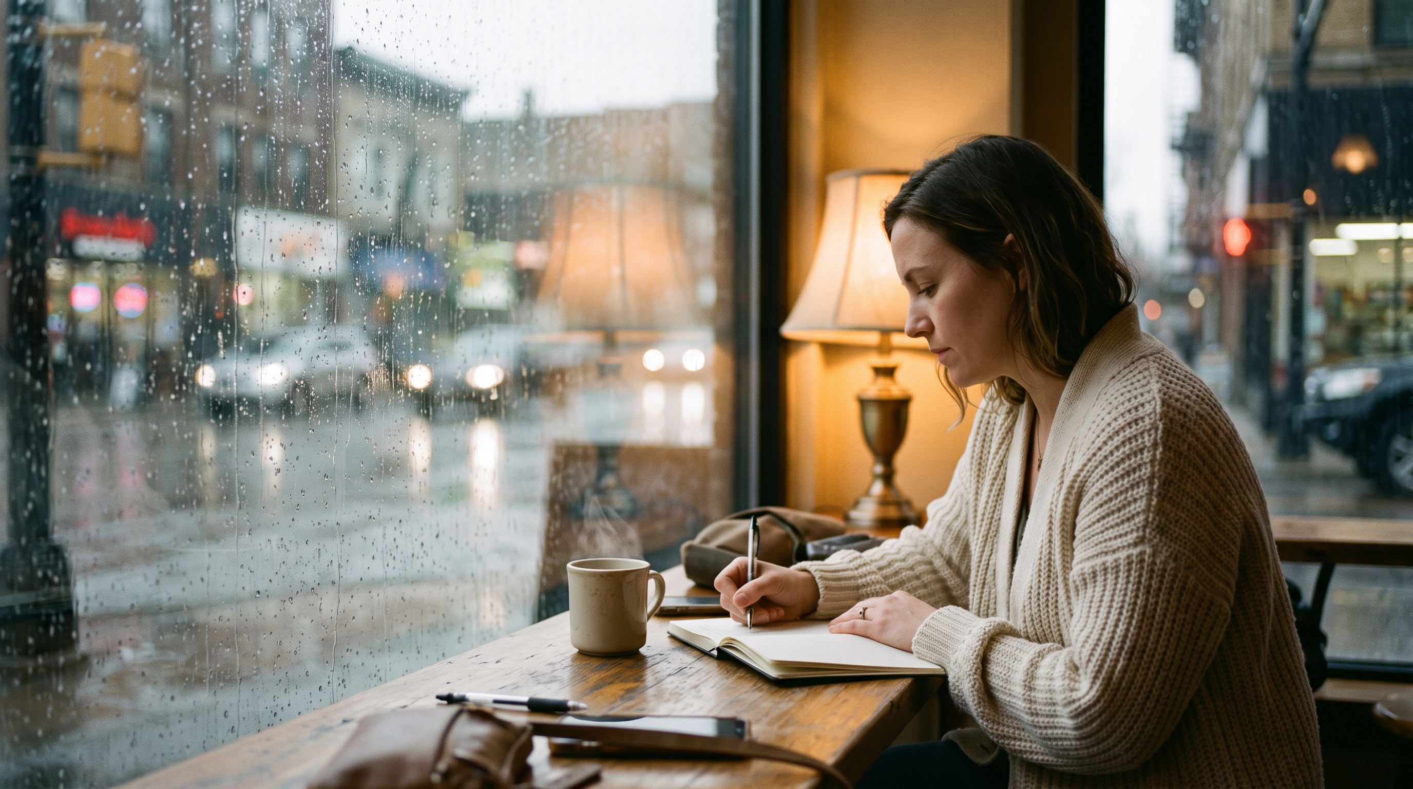A woman in her thirties in a cream cardigan writes in a notebook by a rainy cafe window
