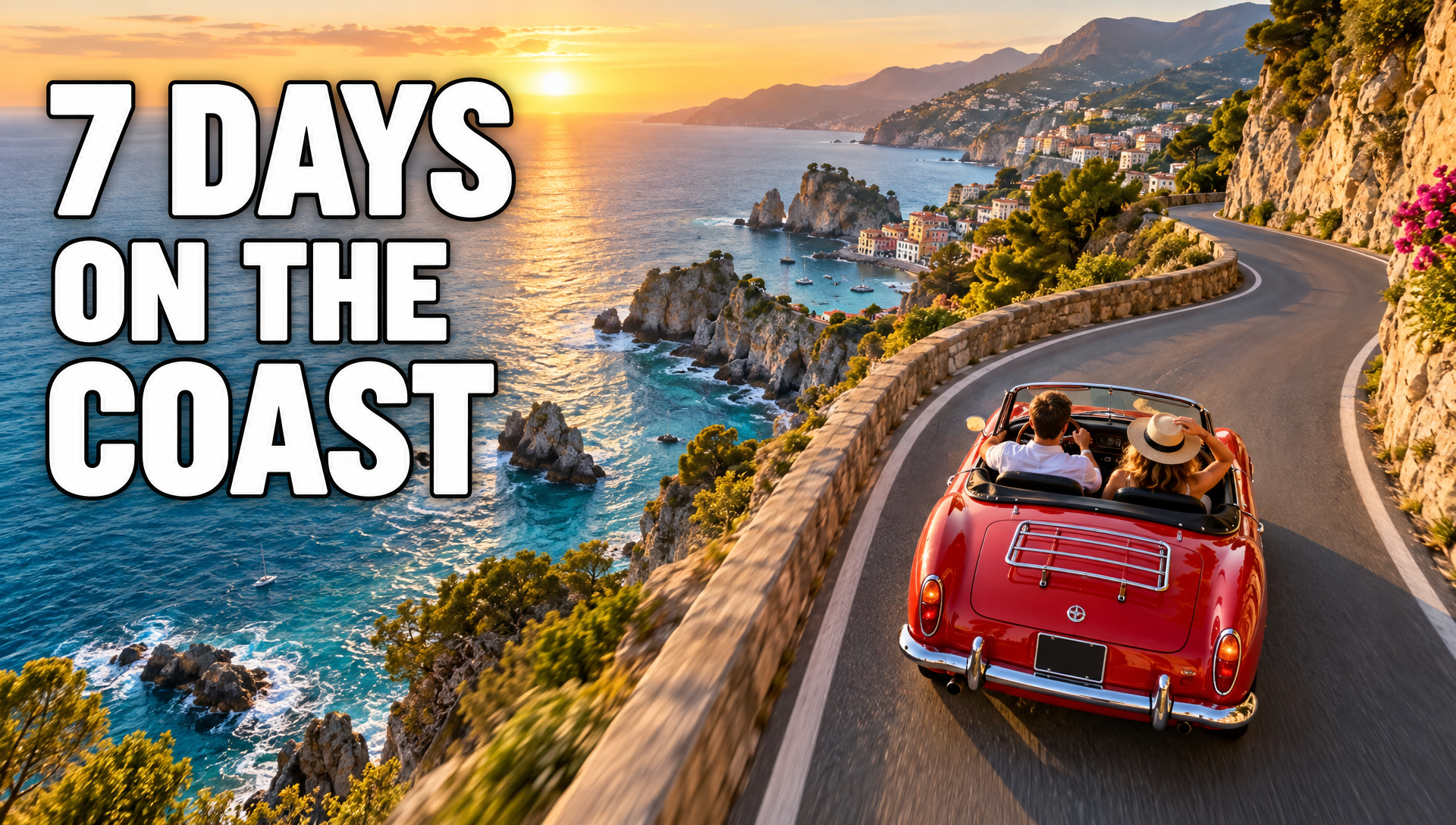 A travel thumbnail with the headline 7 DAYS ON THE COAST over a red convertible on a cliff road
