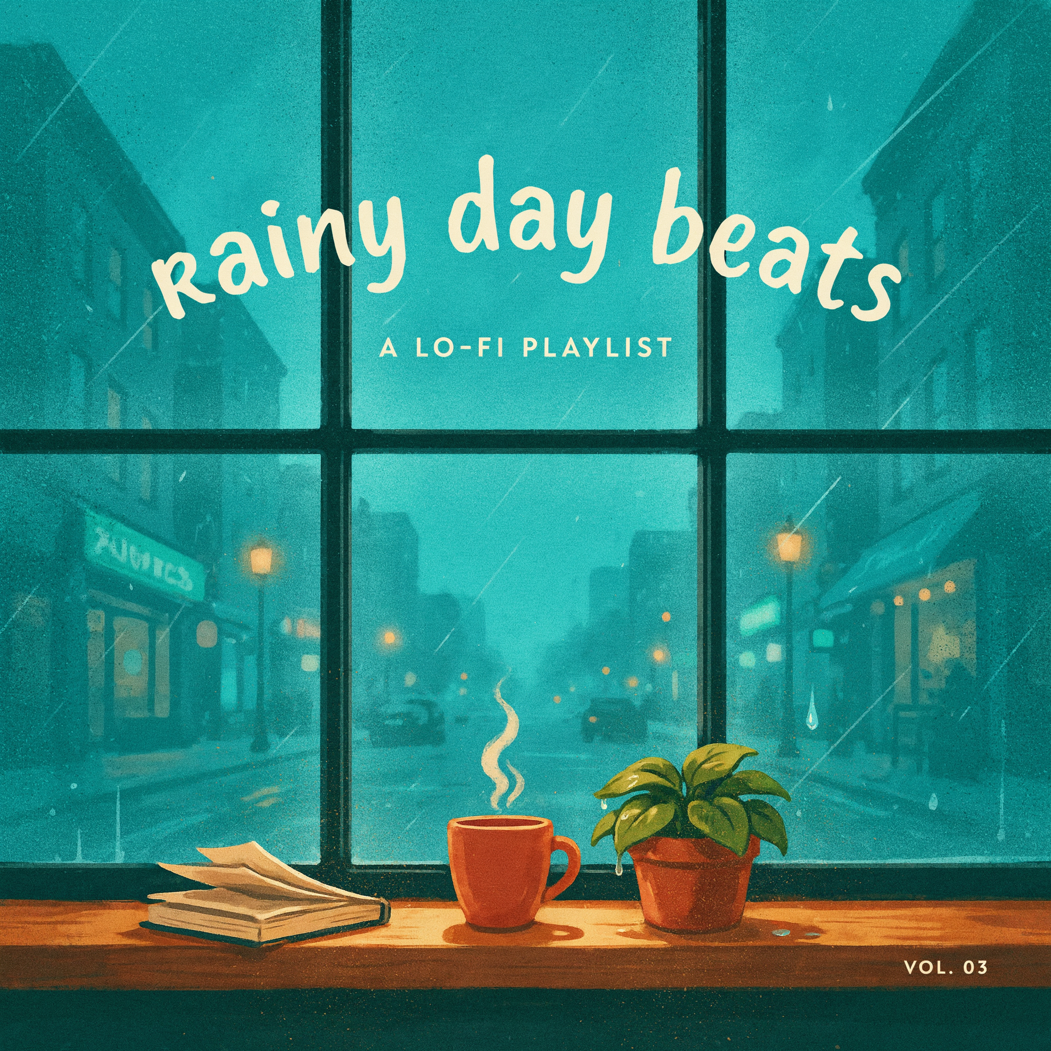 Teal cover art reading rainy day beats, a lo-fi playlist, with a cafe window, a mug and a plant