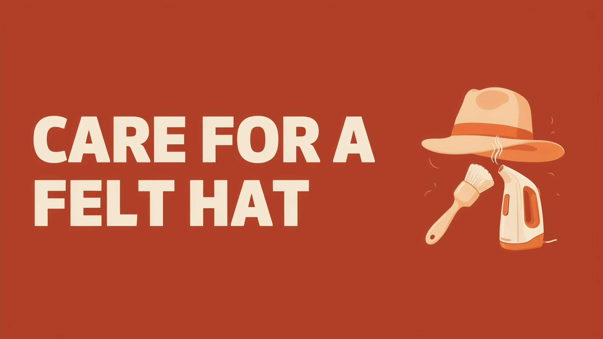 A rust title card reading CARE FOR A FELT HAT with a flat drawing of a hat, a brush and a steamer