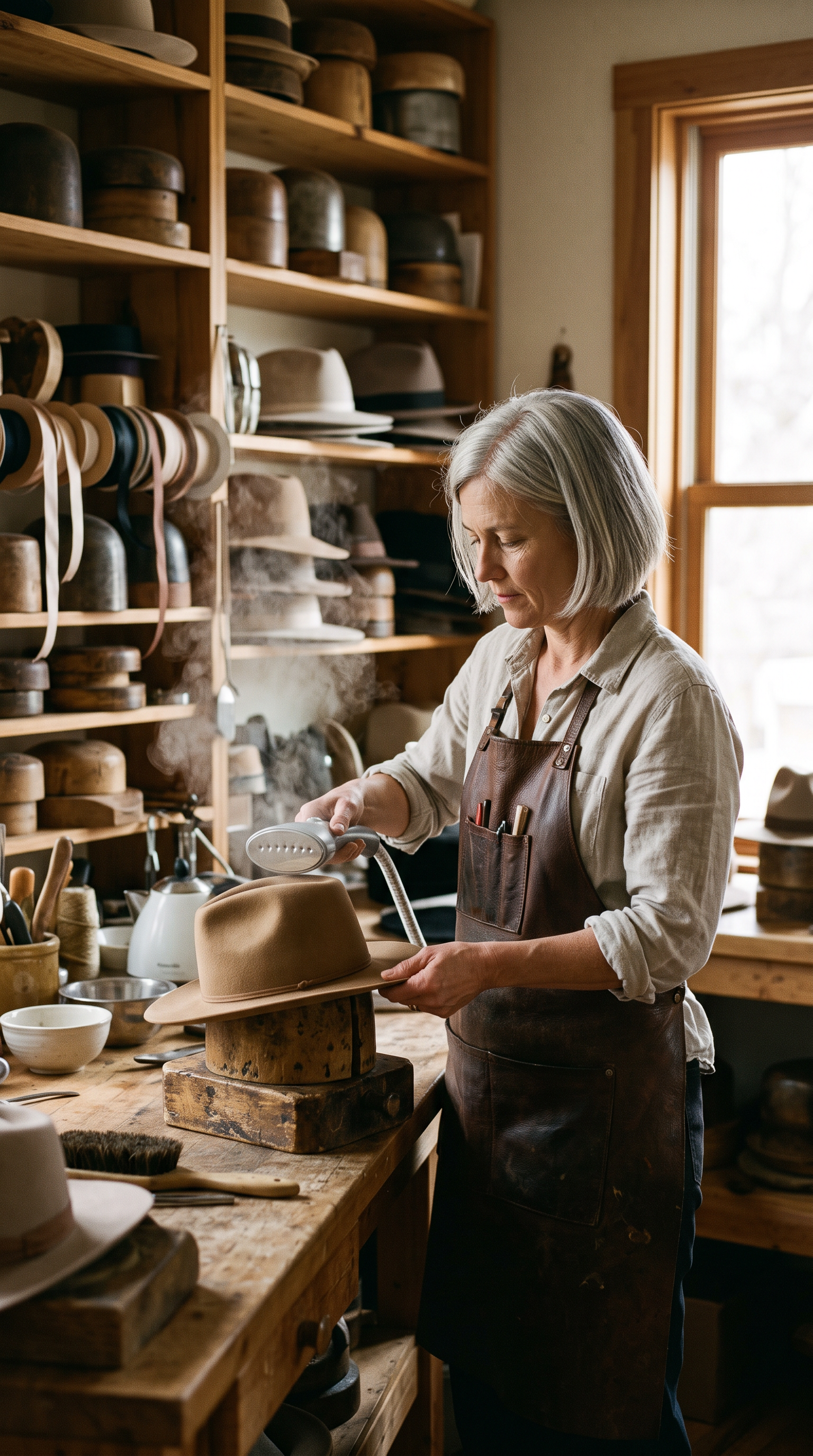 Step 1: a hatmaker with a silver bob steams a felt fedora on a wooden hat block in a shop full of hats