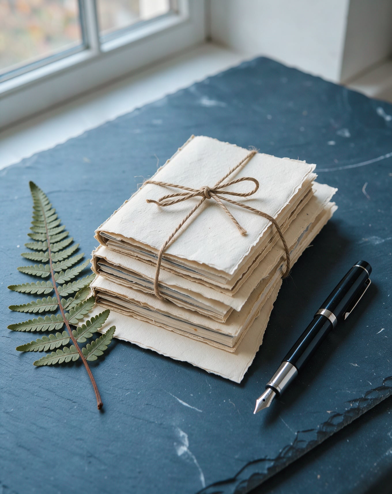 A stack of handmade paper notebooks tied with twine beside a fountain pen and a pressed fern on slate