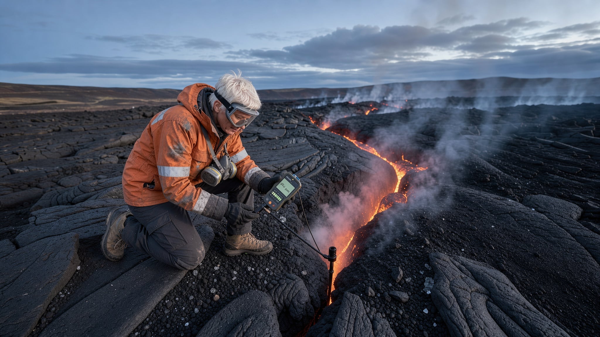 FLUX 3 Image: the volcanologist reads her meter on the lava field at dusk