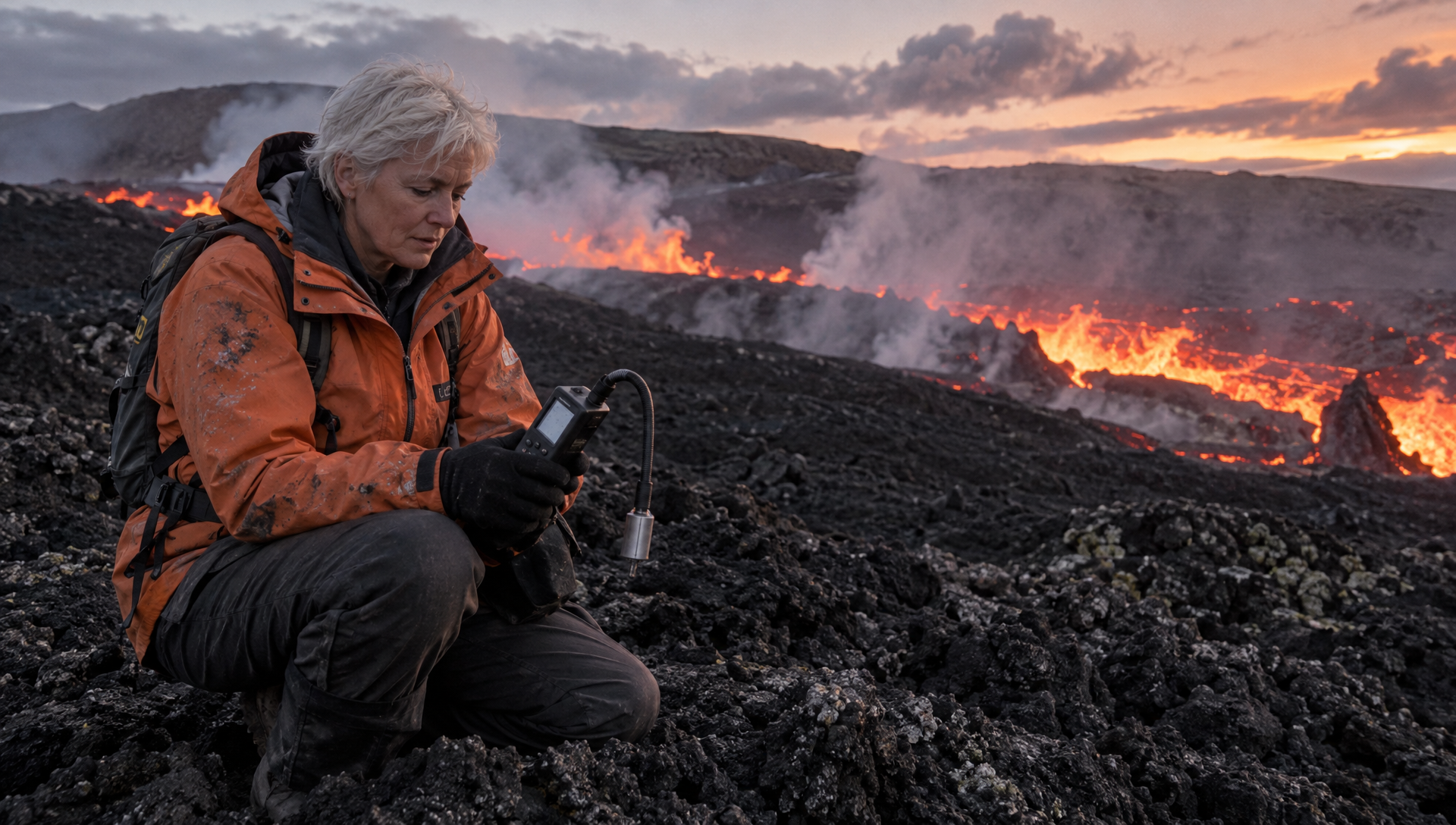 GPT Image 2.5: the volcanologist kneels on black rock beside a long river of orange lava under a lilac sky
