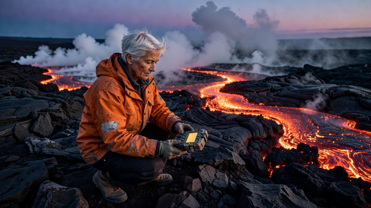 Grok Image: the volcanologist reads her meter as lava glows across a wide field behind her