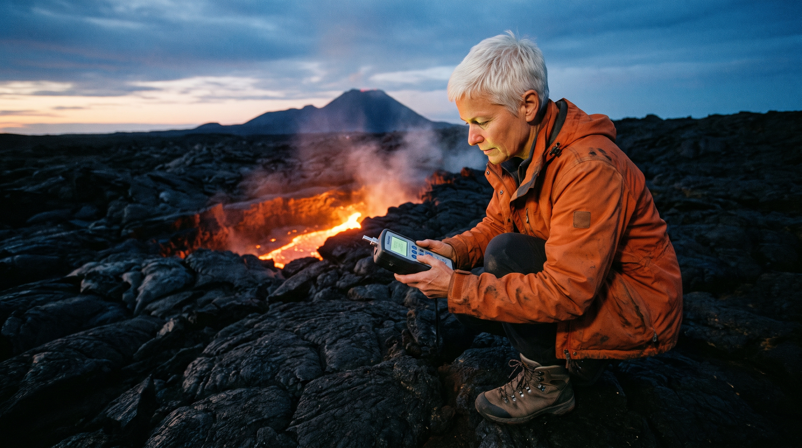 Nano Banana Pro: the volcanologist crouches over a glowing fissure with a small volcano and dusk sky behind her