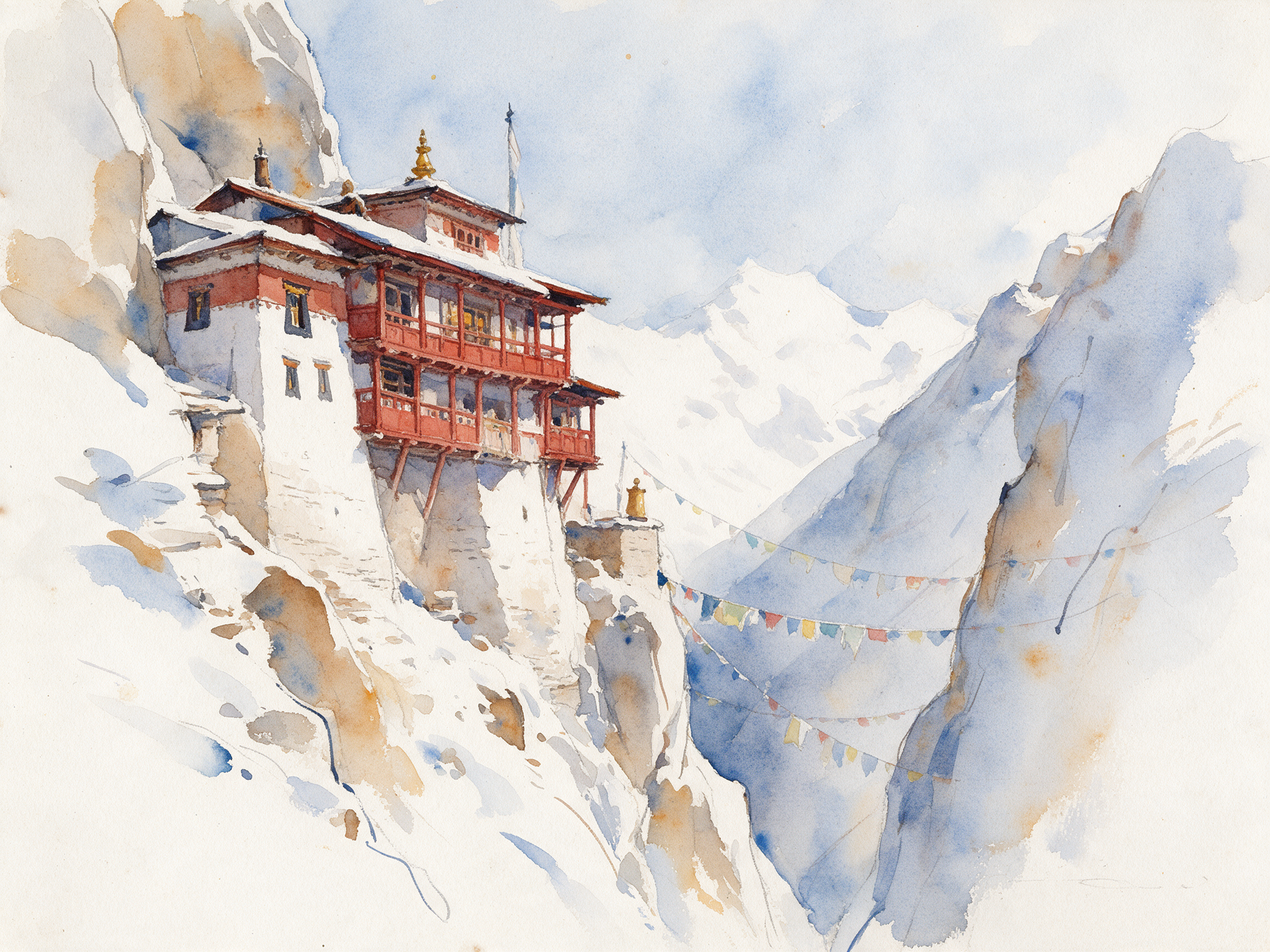 A loose watercolor of a red balconied monastery on a snowy cliff with prayer flags across the gorge