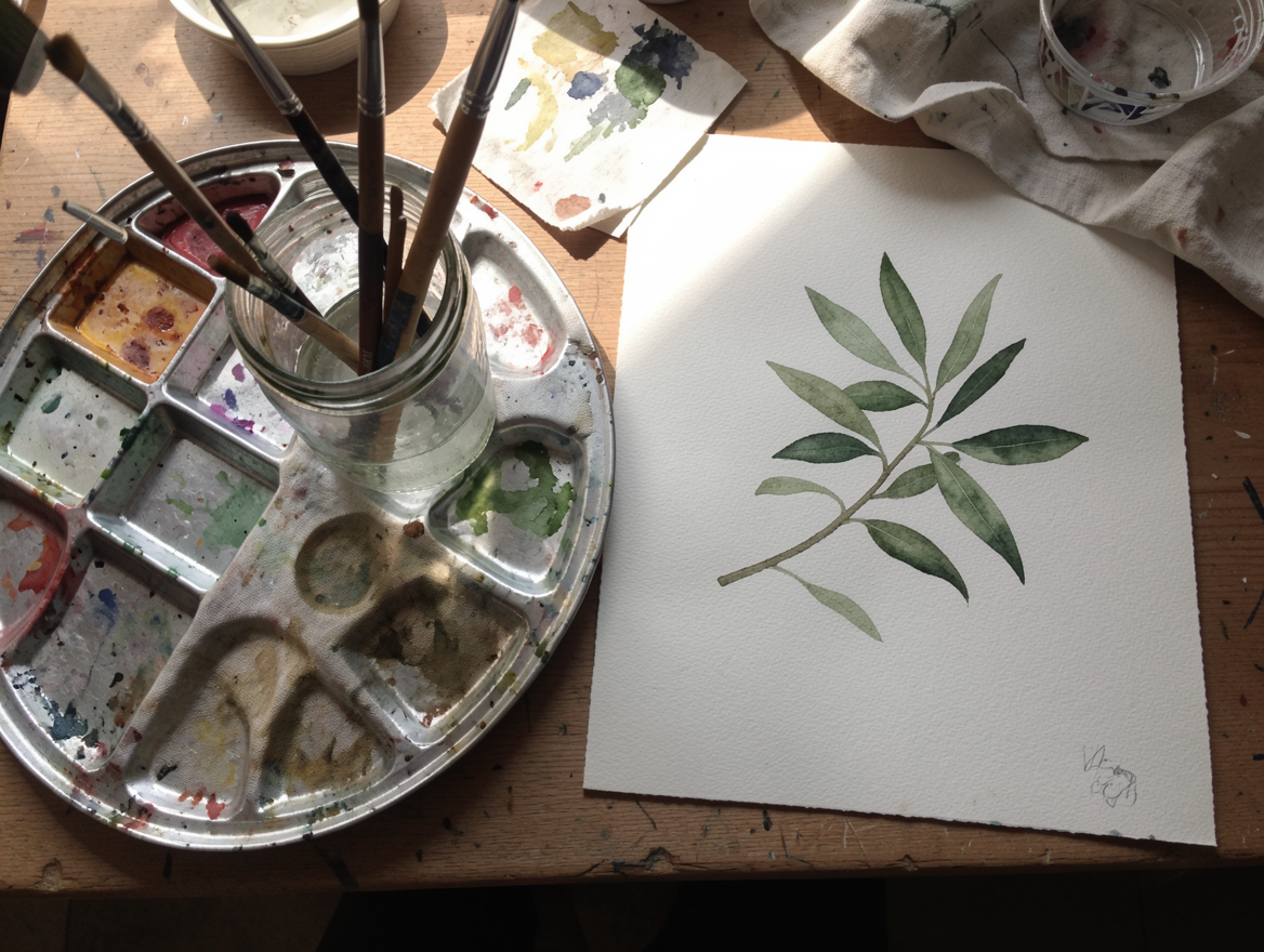 Flux 2 Klein: a round mixing palette, brushes in a jar and a leafy branch painting on a wooden table