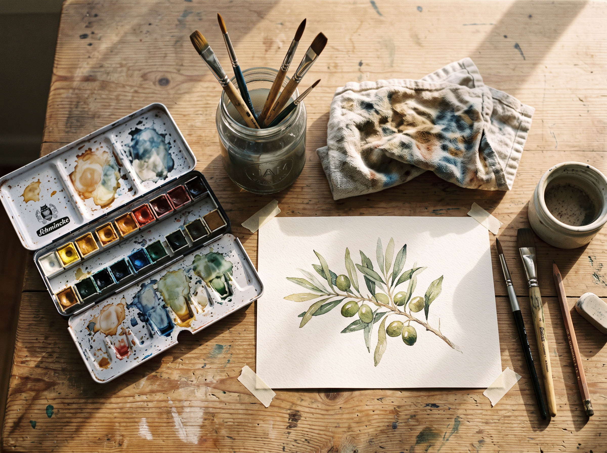 An overhead view of a watercolor desk with a tin of half pans, brushes in a jar, a taped painting of an olive branch and a paint smudged rag