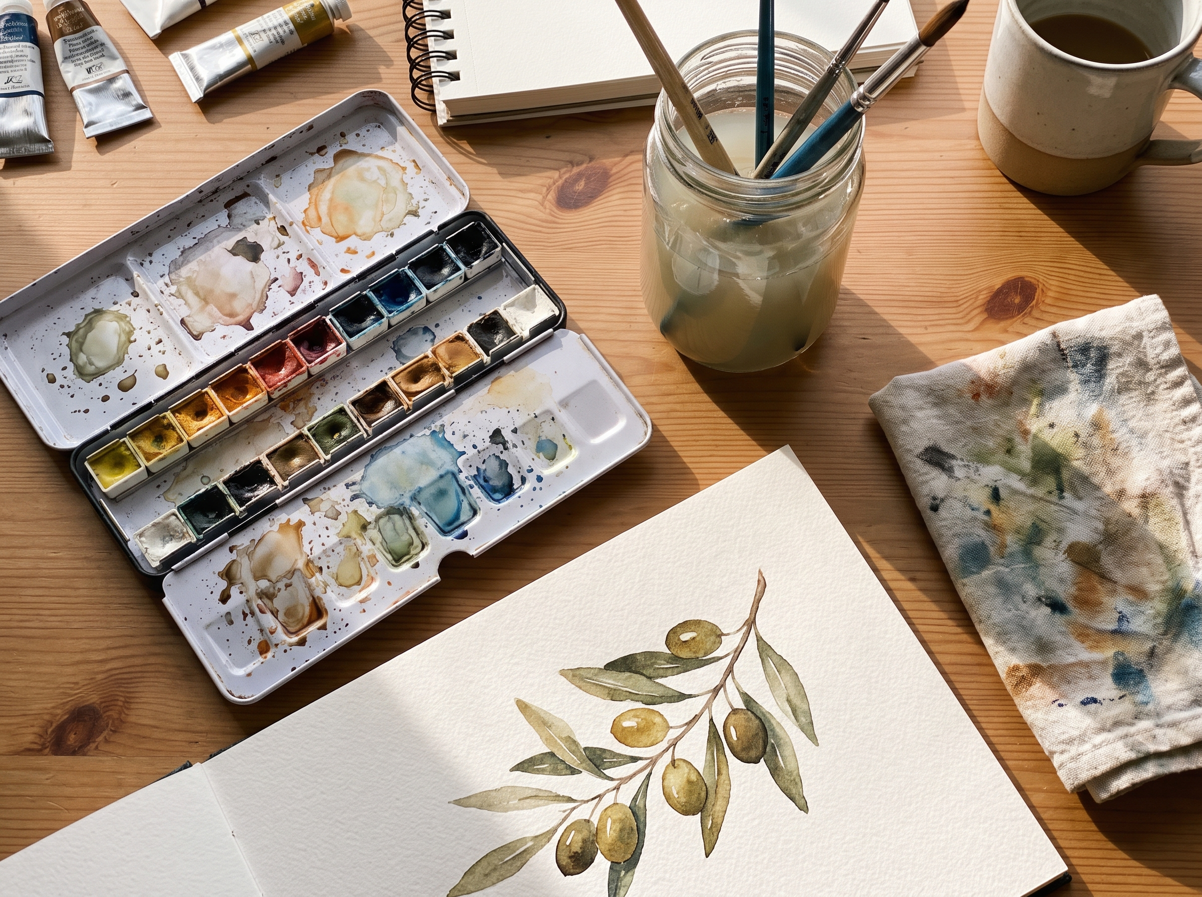 Nano Banana Pro: a tin palette, brushes in a jar and an olive branch with fruit, plus paint tubes and a coffee cup
