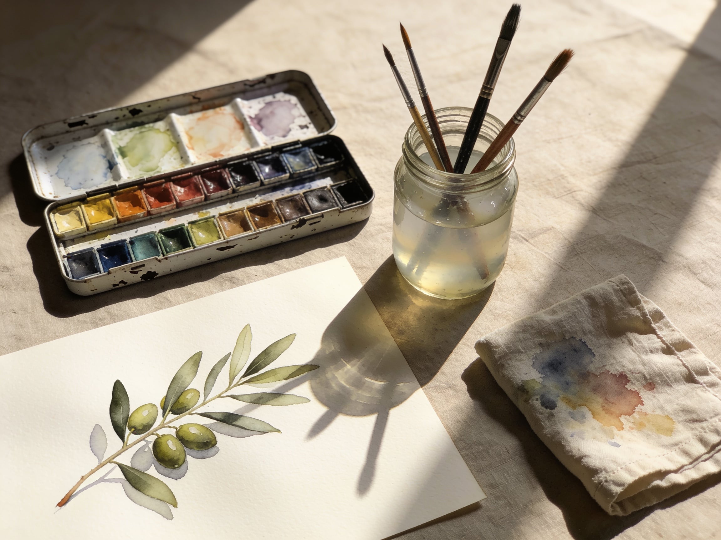 Seedream 4.5: a tin of half pans and brushes in a jar beside an olive branch painting, with long window shadows