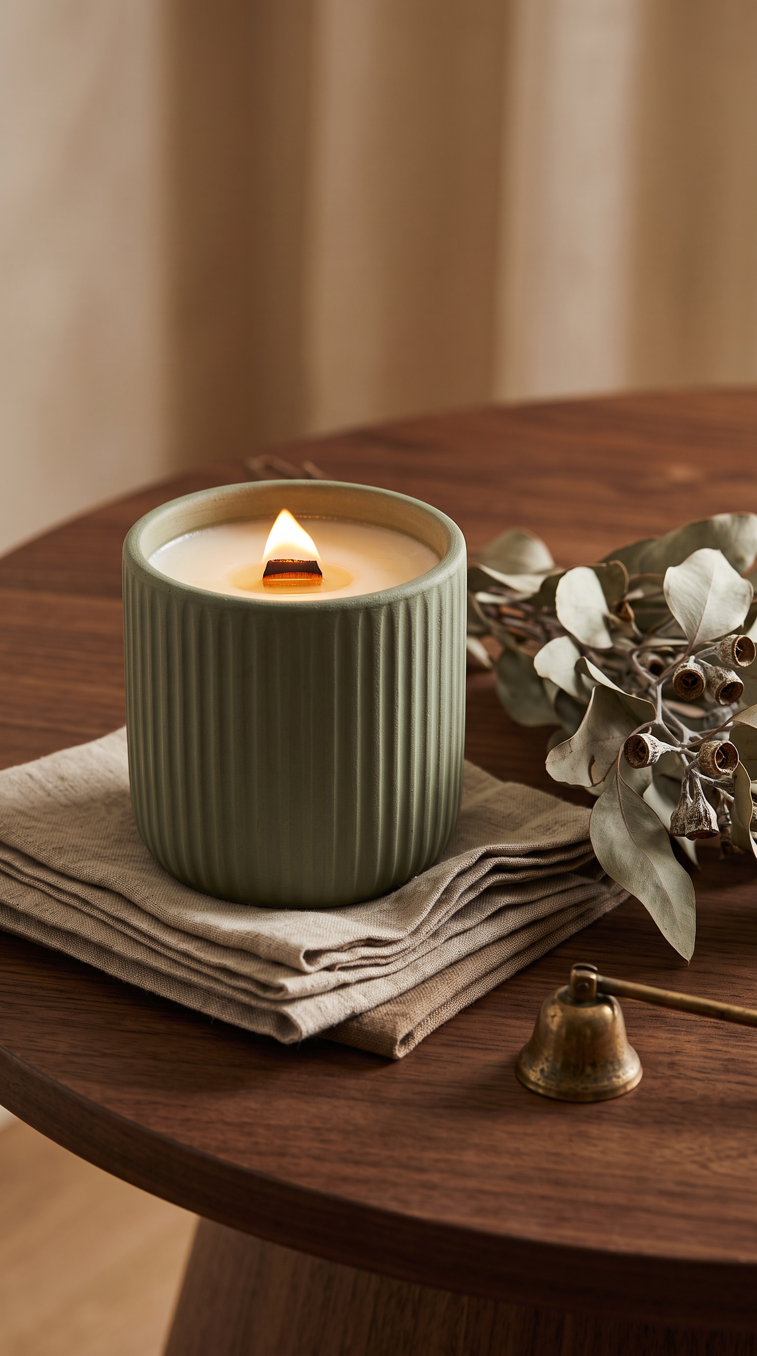 The product photo: a burning soy candle in a ribbed sage green vessel on folded linen with eucalyptus and a brass snuffer