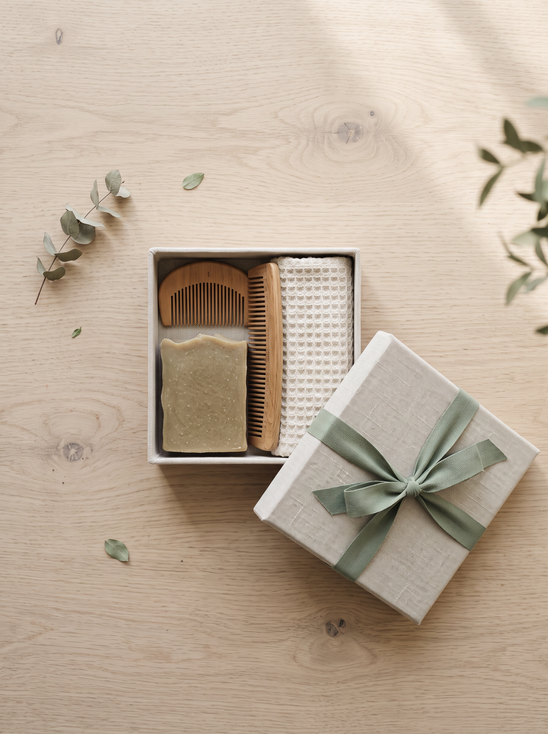 An open linen gift box holding a bar of olive soap, two wooden combs and a waffle towel beside a lid tied with sage ribbon