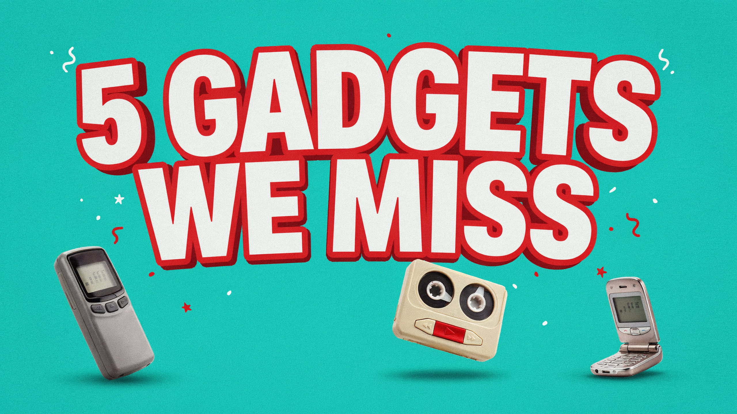 A teal thumbnail reading 5 GADGETS WE MISS with a pager, a cassette player and a flip phone