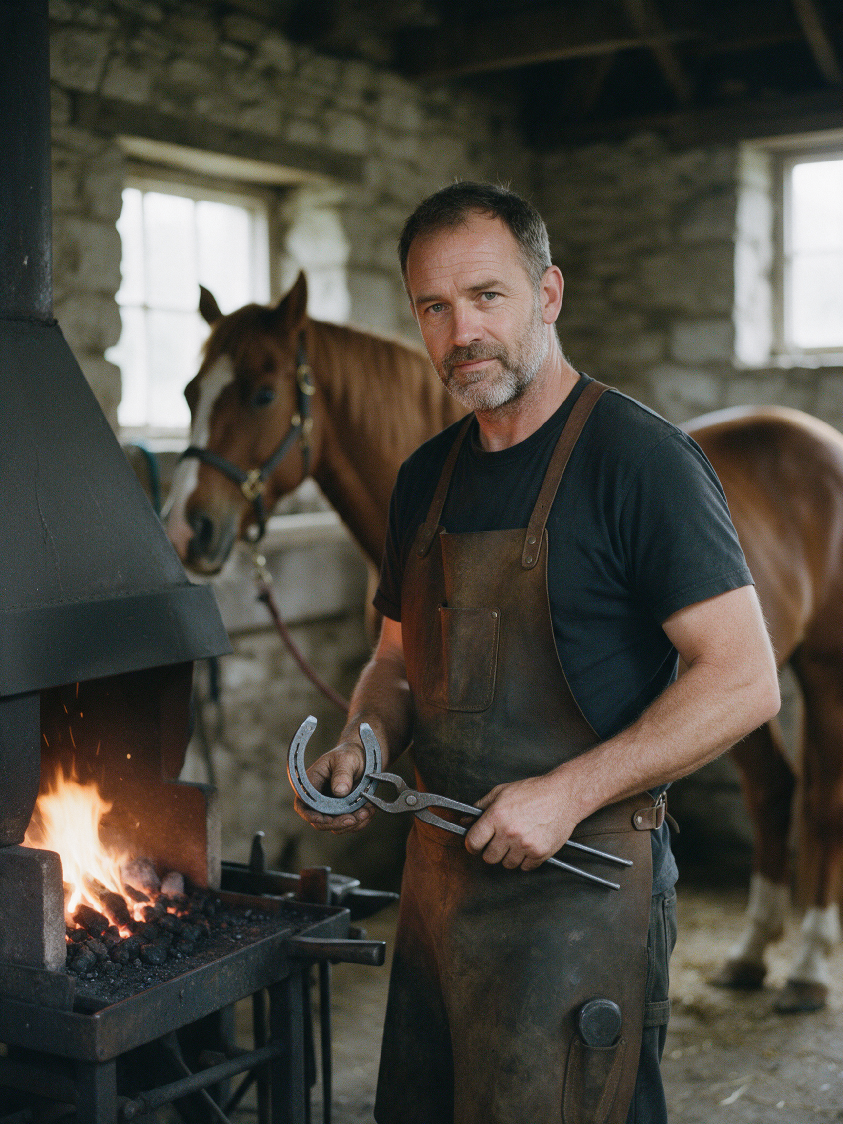 A farrier in his forties with a grey stubble beard and a leather apron holds a horseshoe in tongs beside a glowing forge, a chestnut horse behind him
