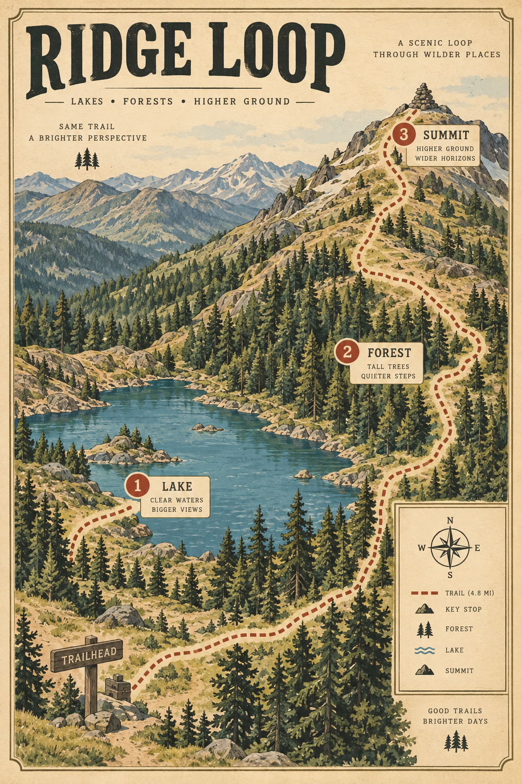 An illustrated trail map poster titled RIDGE LOOP with numbered stops at a lake, a forest and a summit