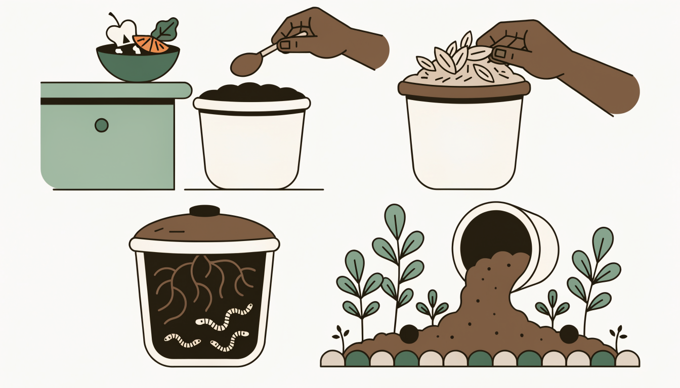 A flat illustration of scraps going into a bin, leaves on top, worms in the soil and finished compost pouring into a garden bed