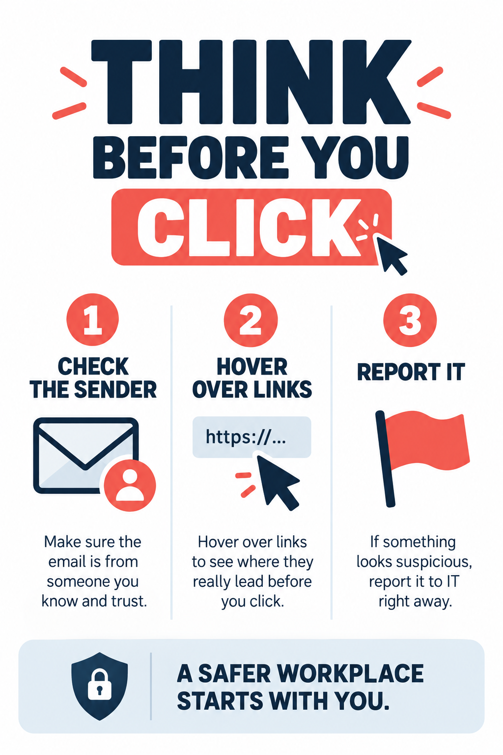 A training poster titled THINK BEFORE YOU CLICK with three numbered tips: CHECK THE SENDER, HOVER OVER LINKS and REPORT IT