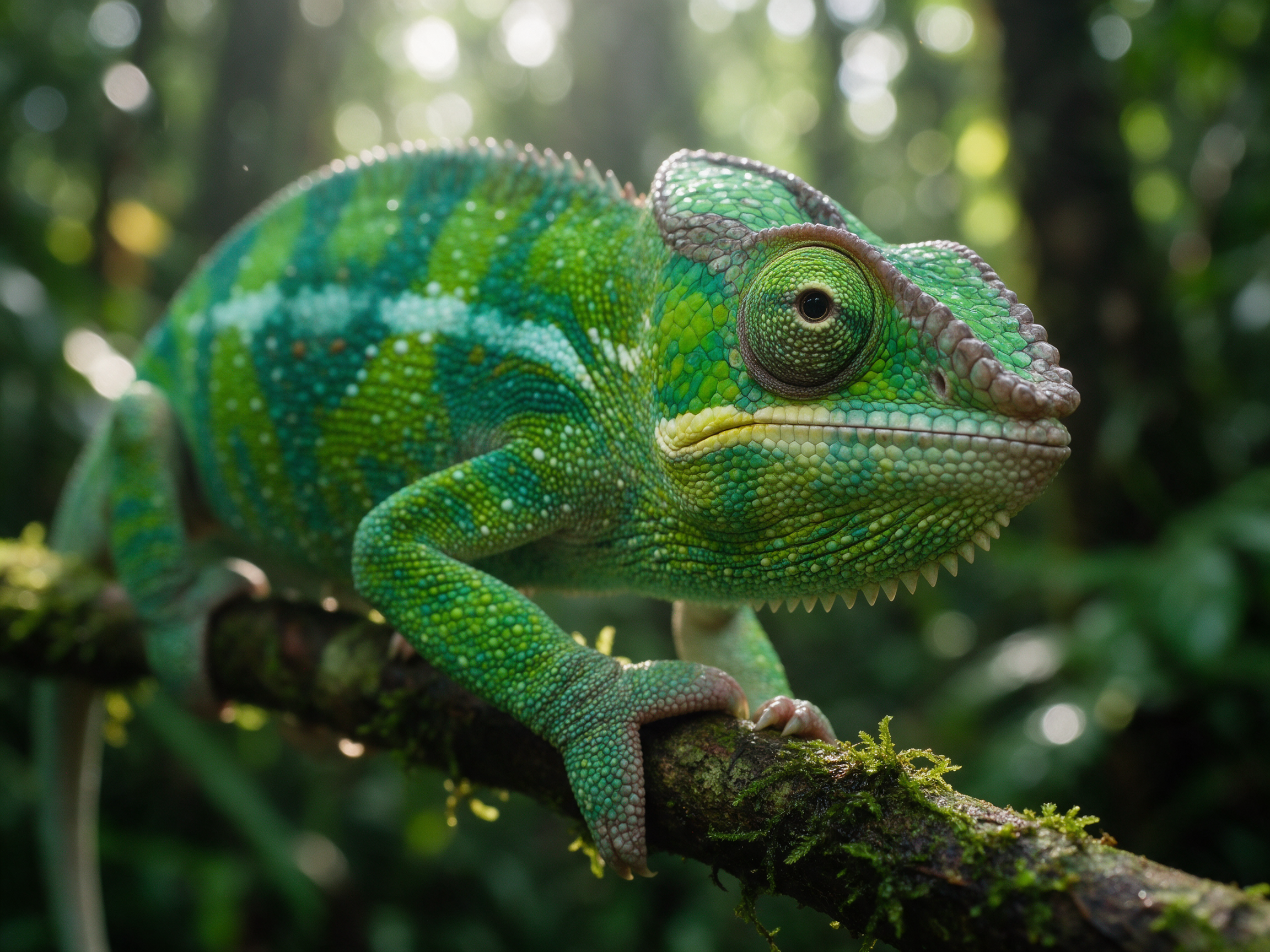 A green and turquoise panther chameleon grips a mossy branch with one eye turned to the lens