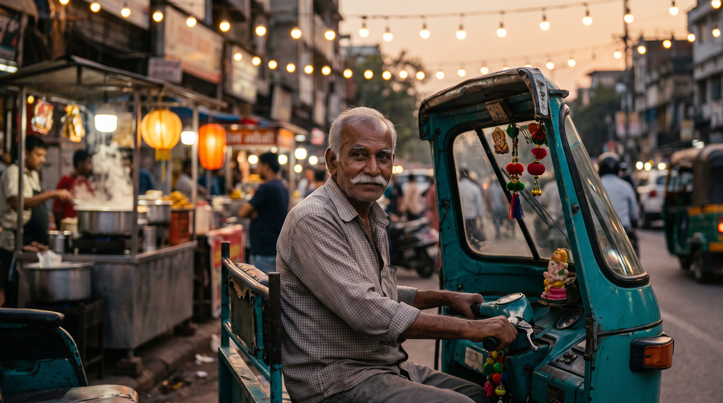 Step 1, Nano Banana 2.1: the driver at the wheel of a turquoise tuk tuk with food stalls and string lights behind