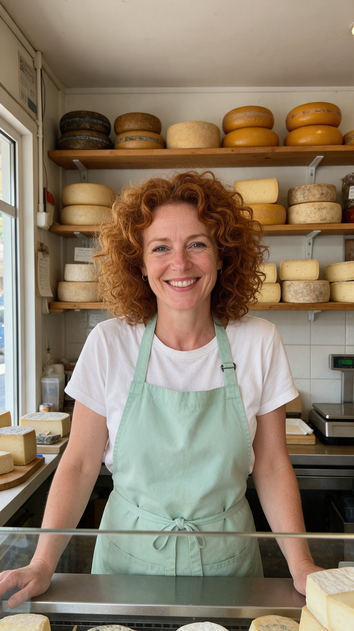 A smiling cheesemonger in her forties with curly auburn hair and a mint apron behind a counter, wheels of cheese on shelves behind her