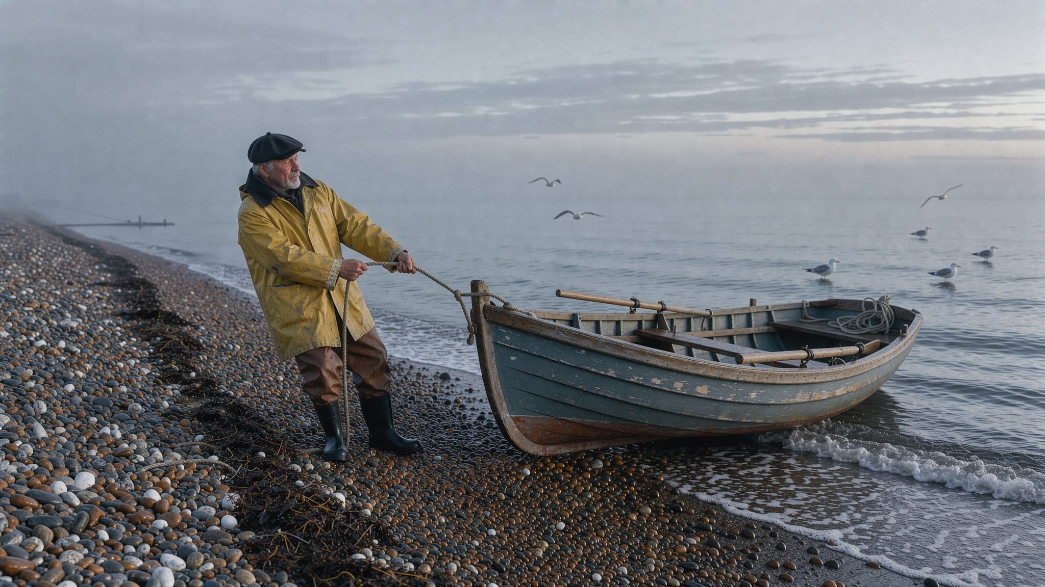 The start frame on FLUX 3 Image: a fisherman in a yellow raincoat pulls a wooden rowboat onto a pebble beach at dawn