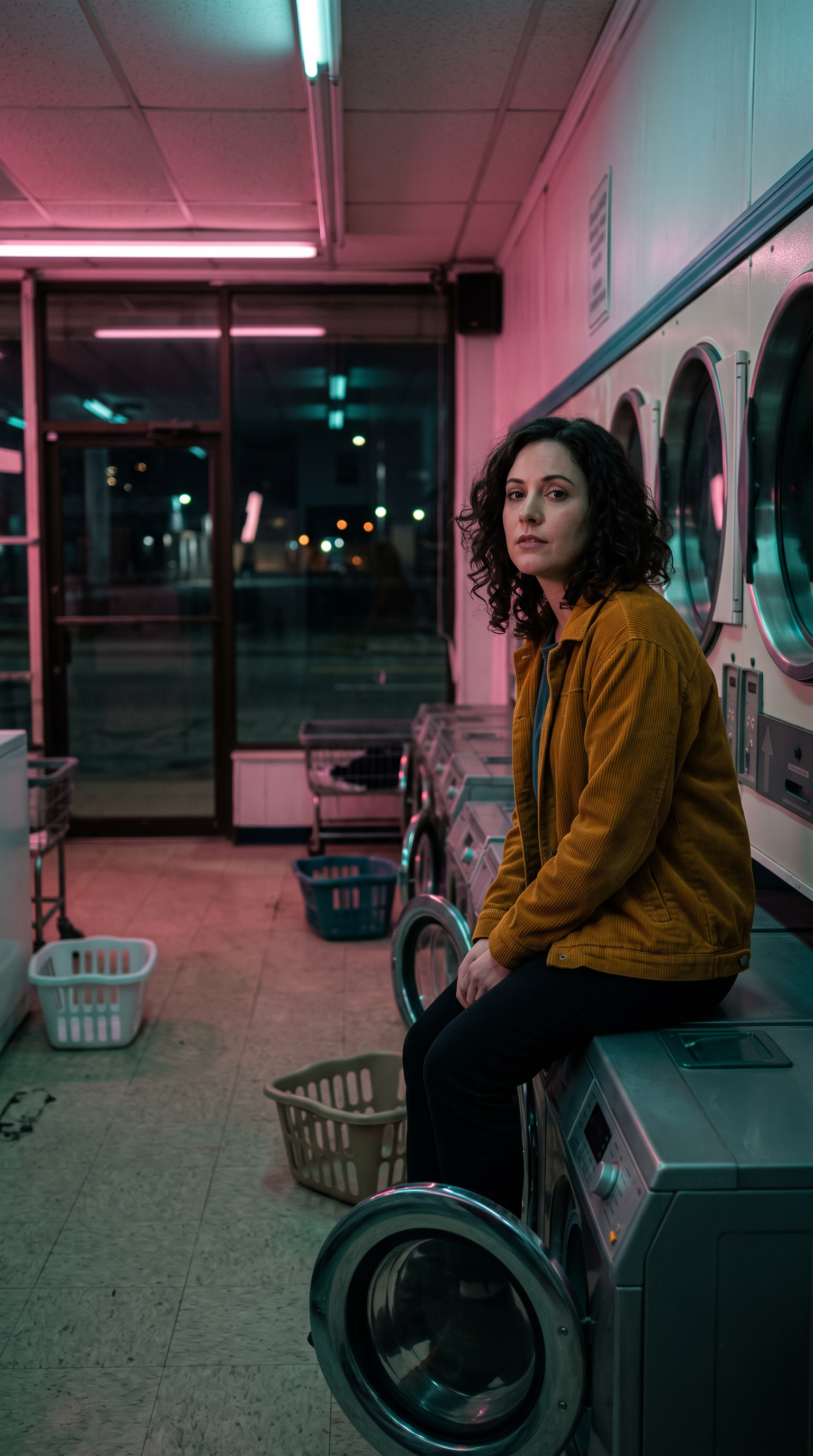 Layer 2, the singer: a woman with dark curls in a mustard corduroy jacket sits on a washing machine in a pink and teal lit laundromat