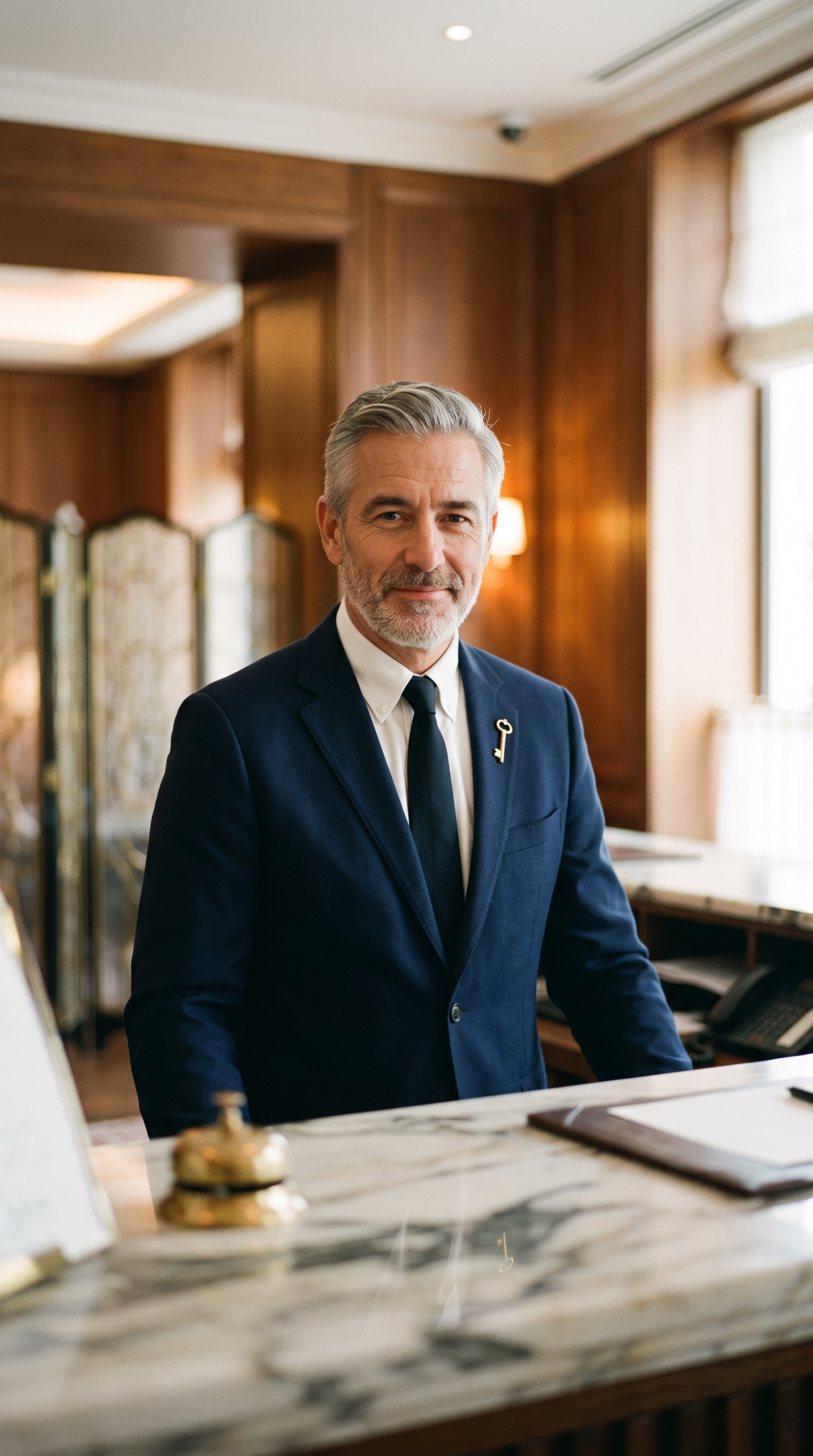 The portrait: a silver haired concierge with a neat beard and a brass key pin stands behind a marble front desk