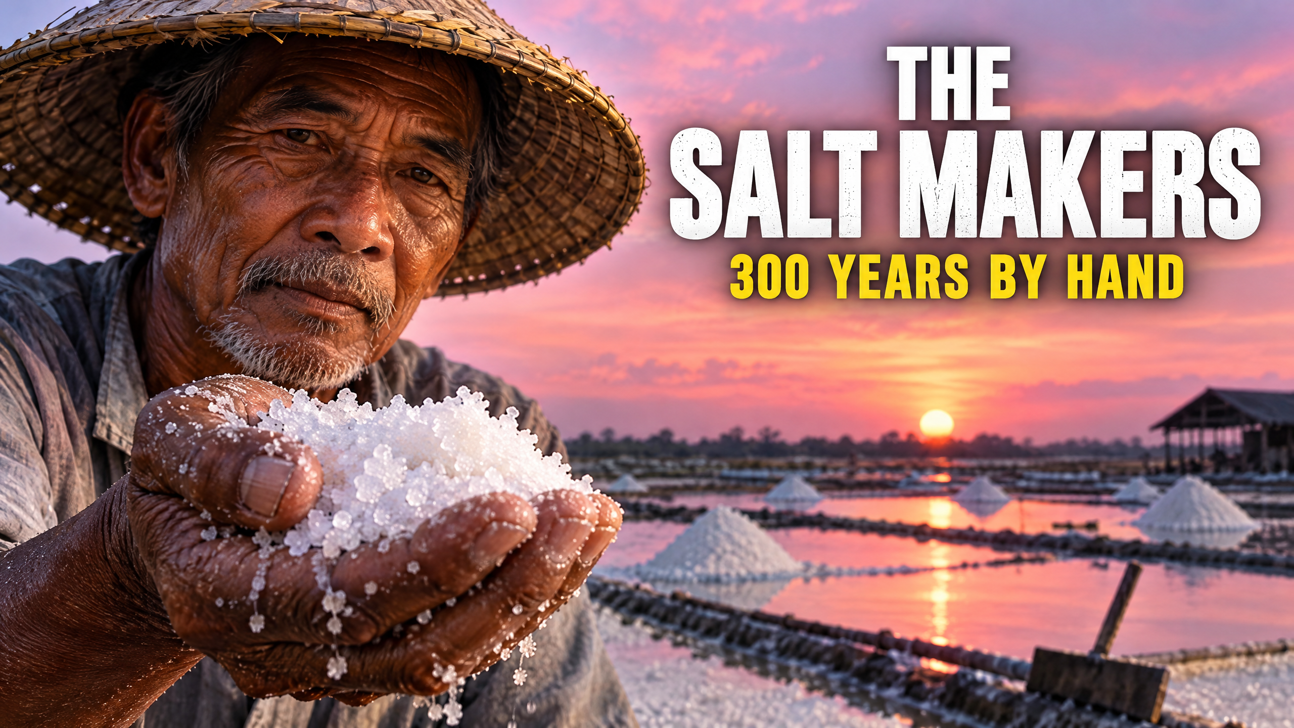 Thumbnail: a salt worker holds out a handful of crystals beside the headline THE SALT MAKERS and 300 YEARS BY HAND