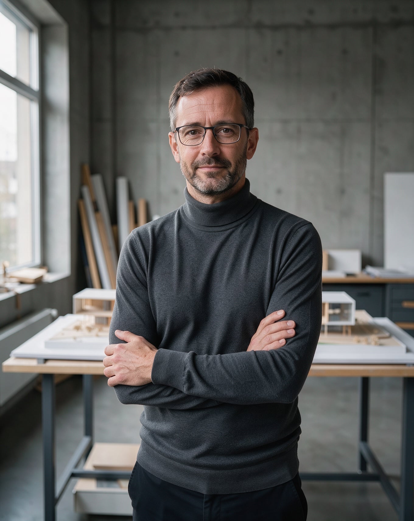 An architect with glasses and a charcoal turtleneck stands with arms crossed in a concrete studio with building models behind him