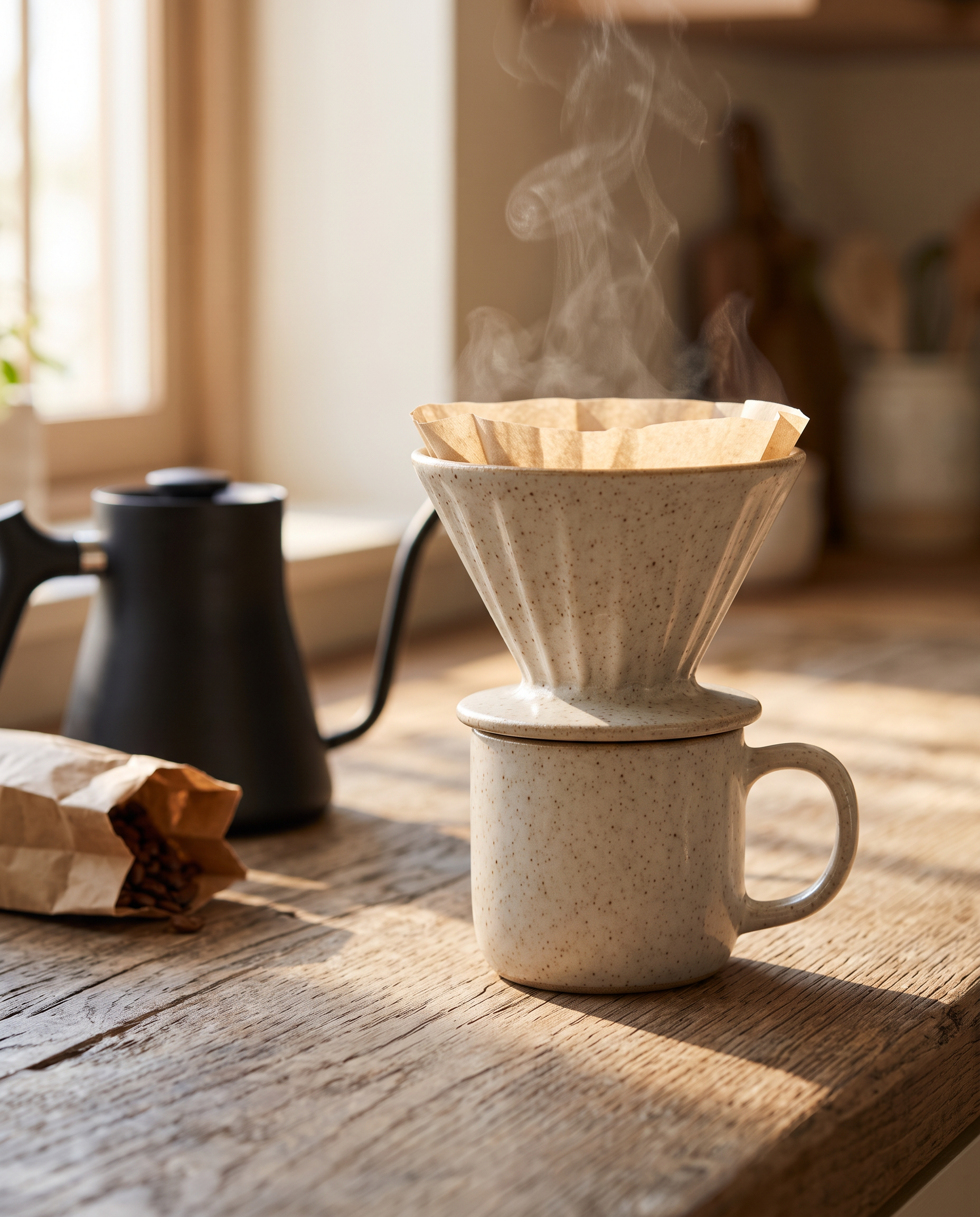Step 2: the same dripper and cup on a weathered oak counter in morning sun, a black gooseneck kettle and a bag of coffee beans beside it
