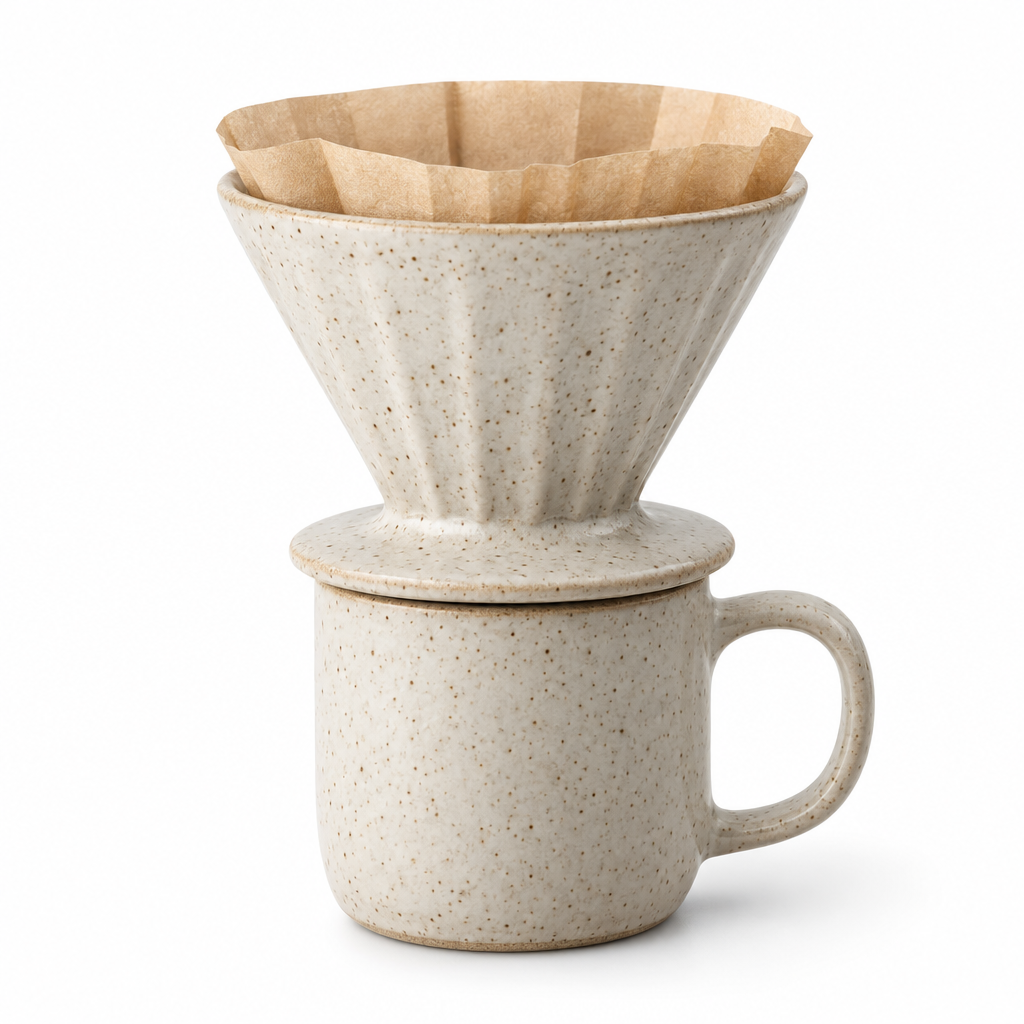 Step 1: a speckled oatmeal stoneware dripper with a paper filter sits on a matching cup on a pure white background