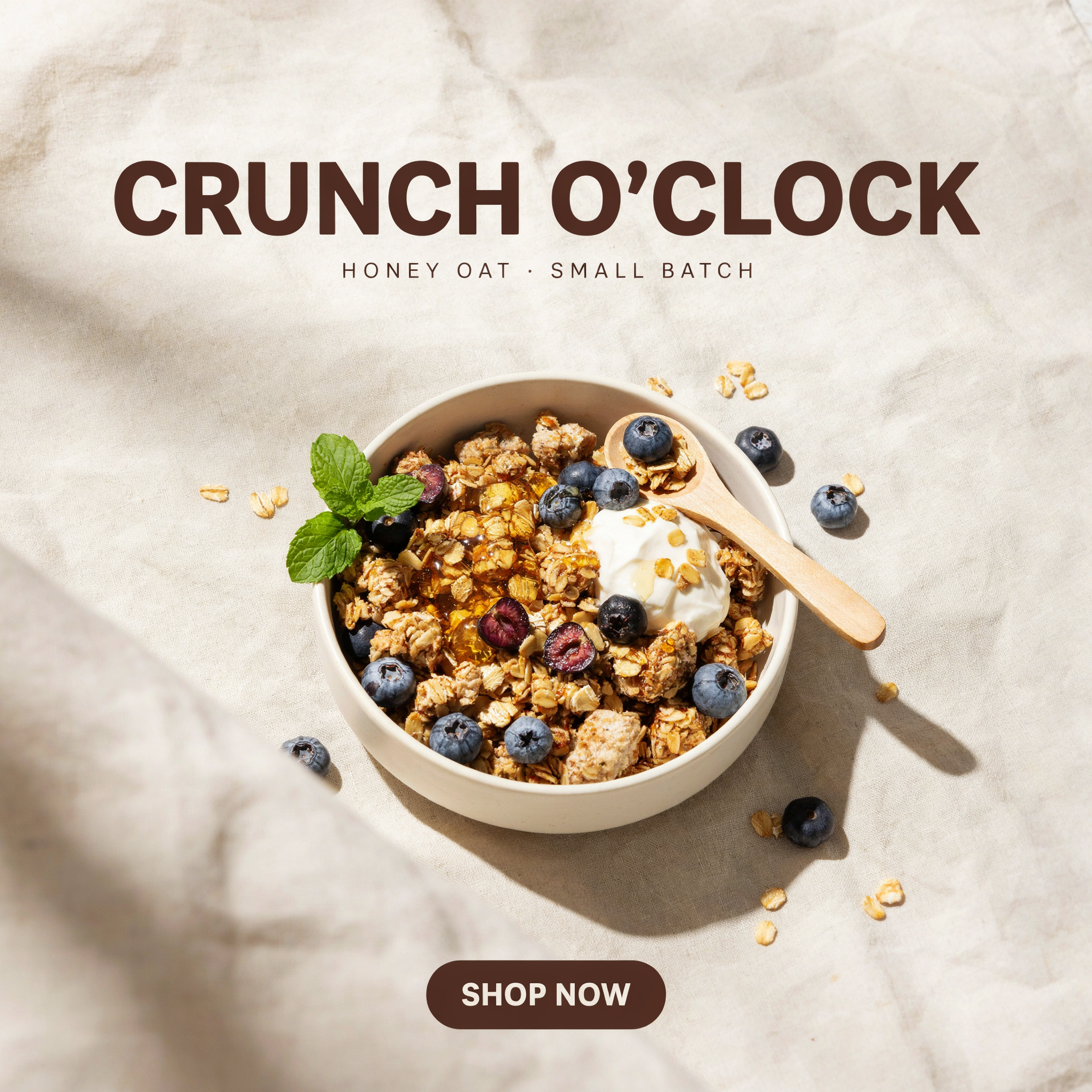 A square ad with a bowl of honey oat granola, blueberries and yogurt under the headline CRUNCH O'CLOCK and a SHOP NOW button