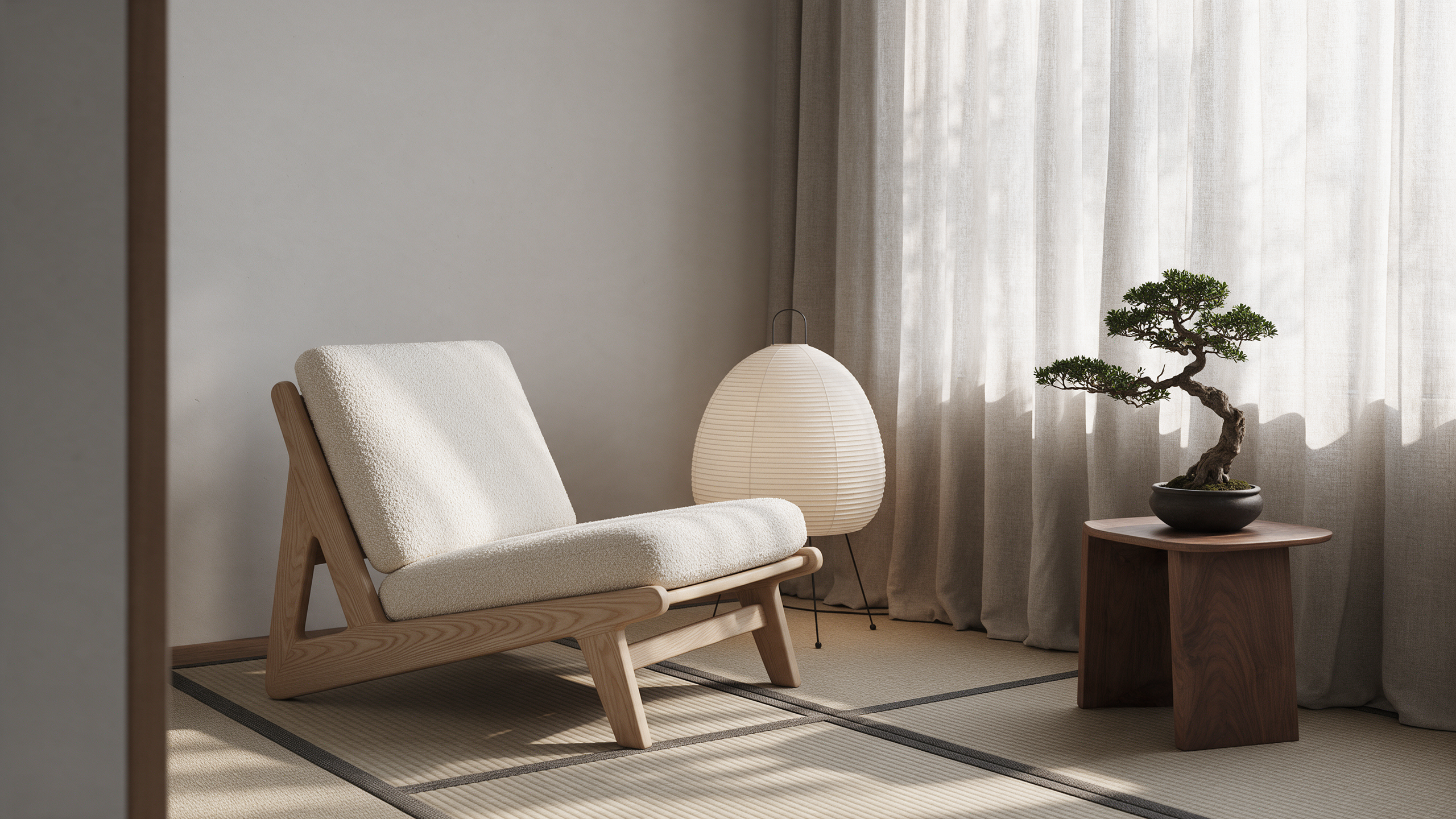 A calm Japandi reading nook with a low ash lounge chair, a paper floor lamp, a bonsai on a walnut side table and linen curtains