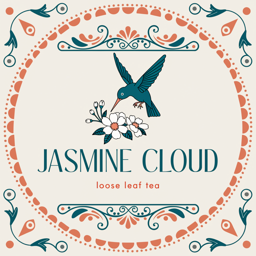 A tea tin label with a teal hummingbird over jasmine blossoms, an ornamental coral border and the words JASMINE CLOUD