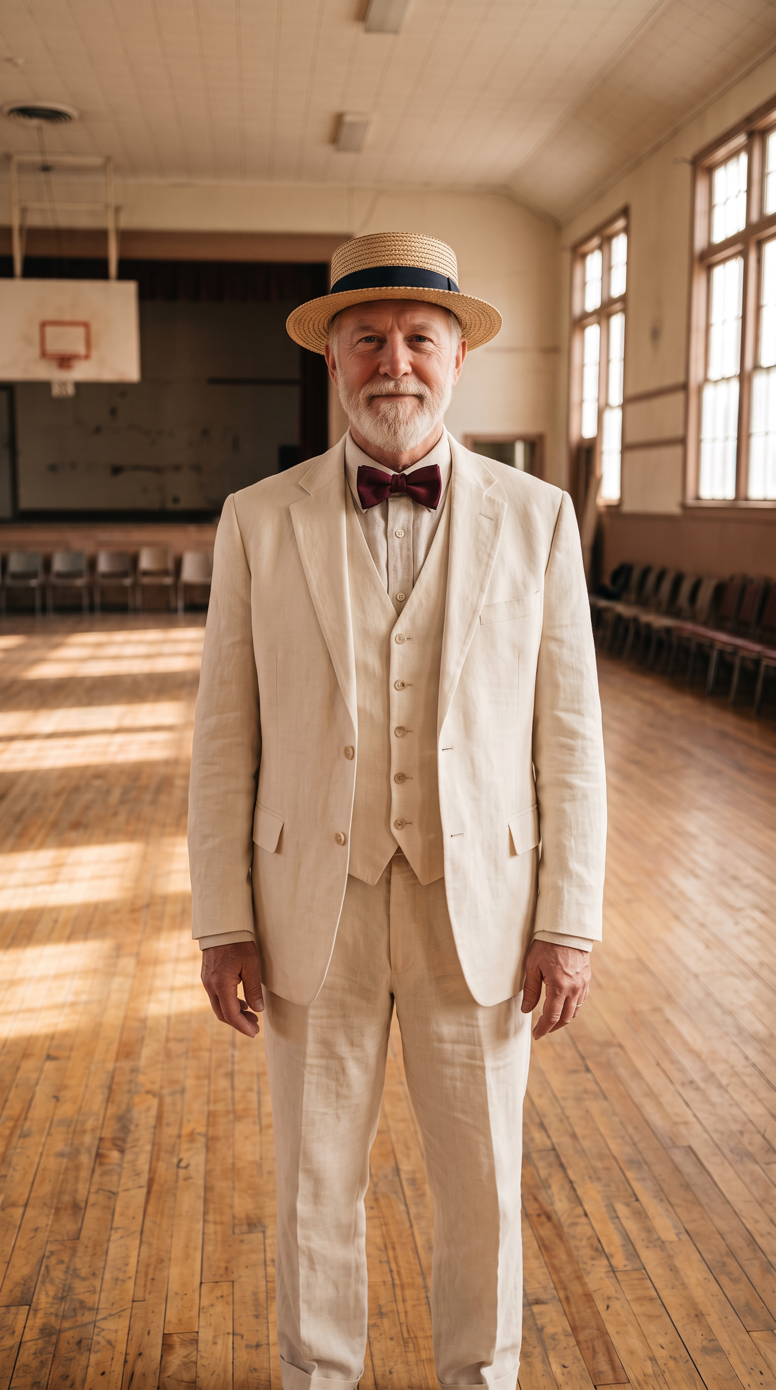 The same man now in a cream linen three piece suit, burgundy bow tie and straw boater, standing in the same dance hall