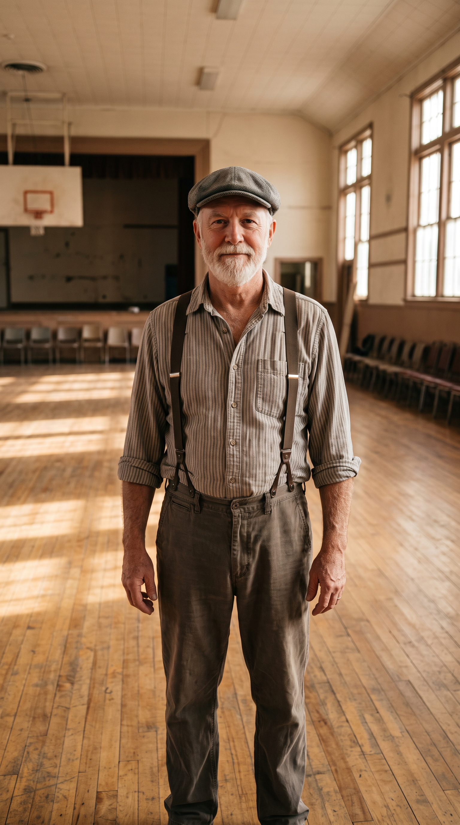 Step 1, Nano Banana 2.1: a man in his sixties in a flat cap and suspenders stands in an empty community dance hall