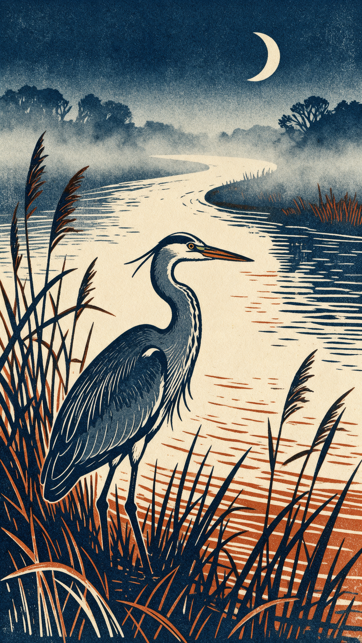 A linocut print of a grey heron in reeds at a misty river bend under a crescent moon