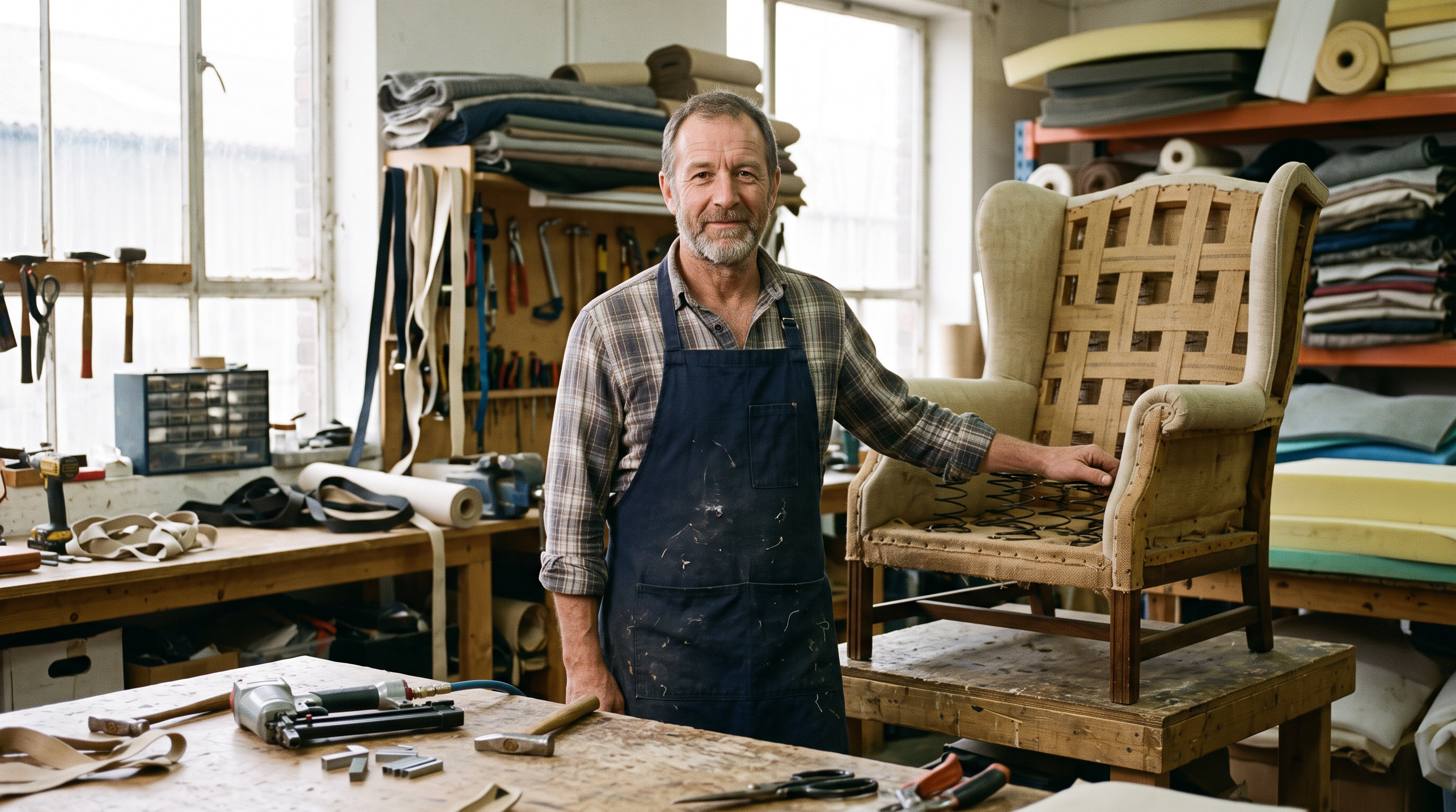 Step 1, Nano Banana 2.1: an upholsterer in his fifties with a salt and pepper beard and navy apron beside a stripped wingback chair